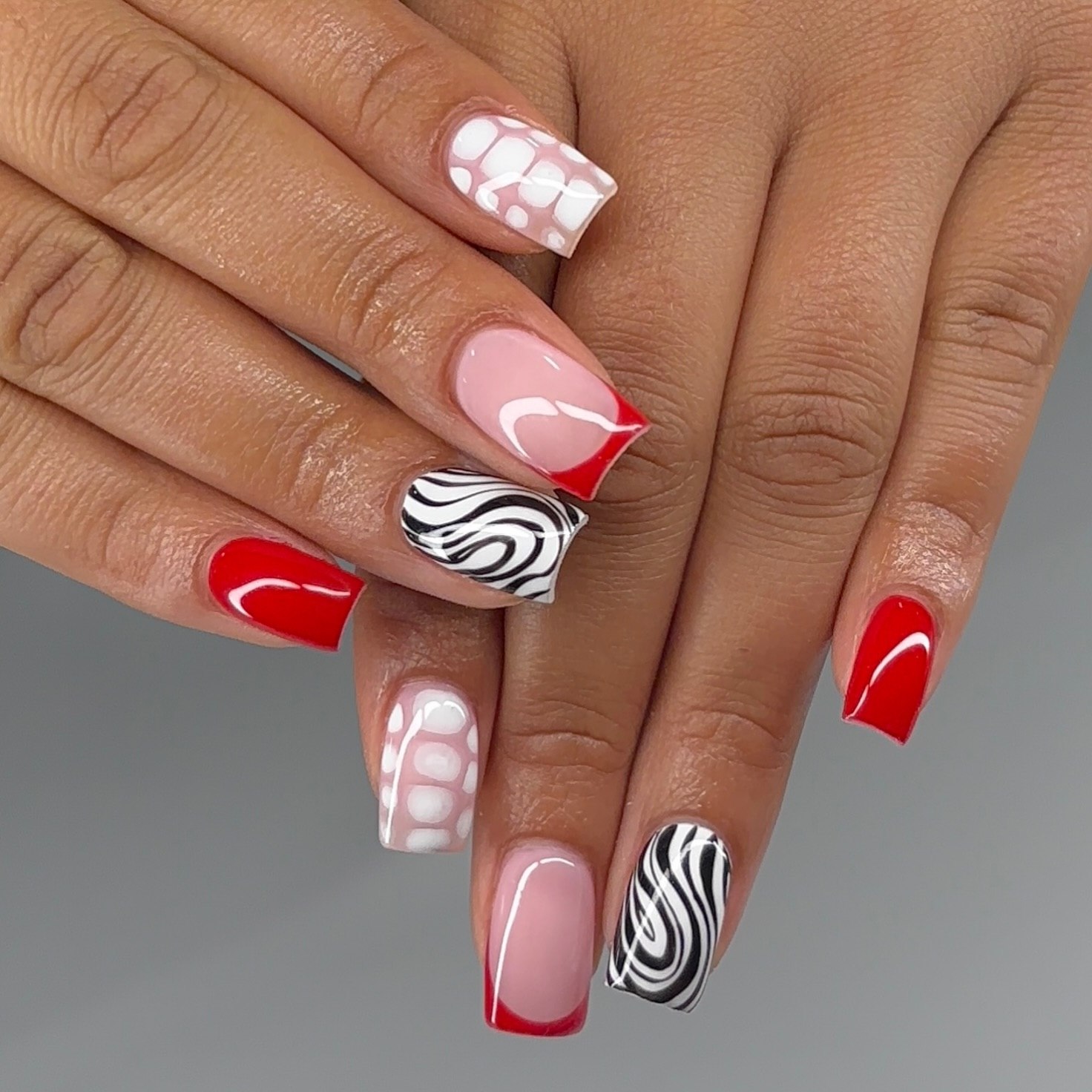Red French Tip & Zebra Print Square Nails