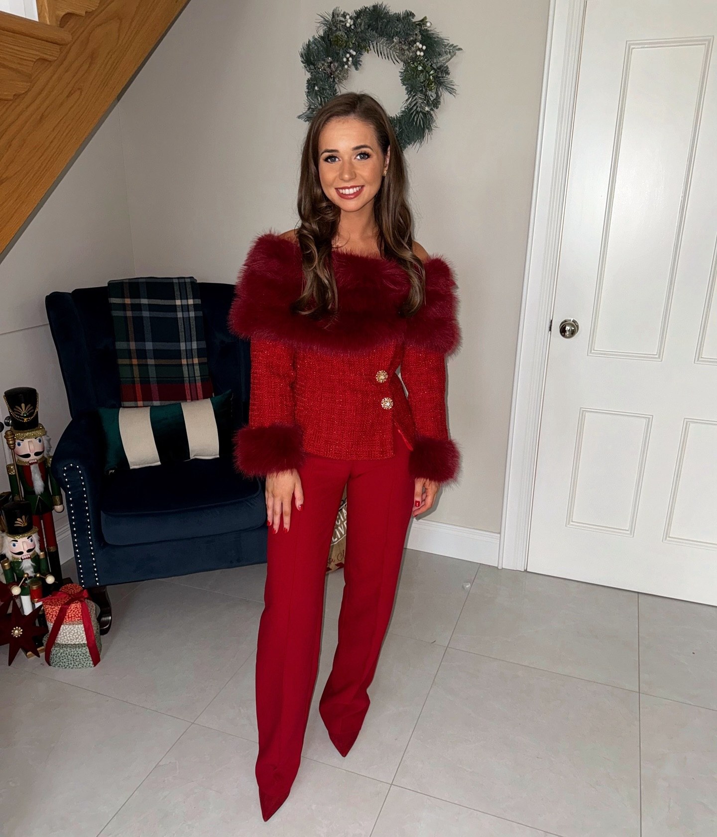 Red Tweed Off-Shoulder Fur Trim Top With Matching Trousers