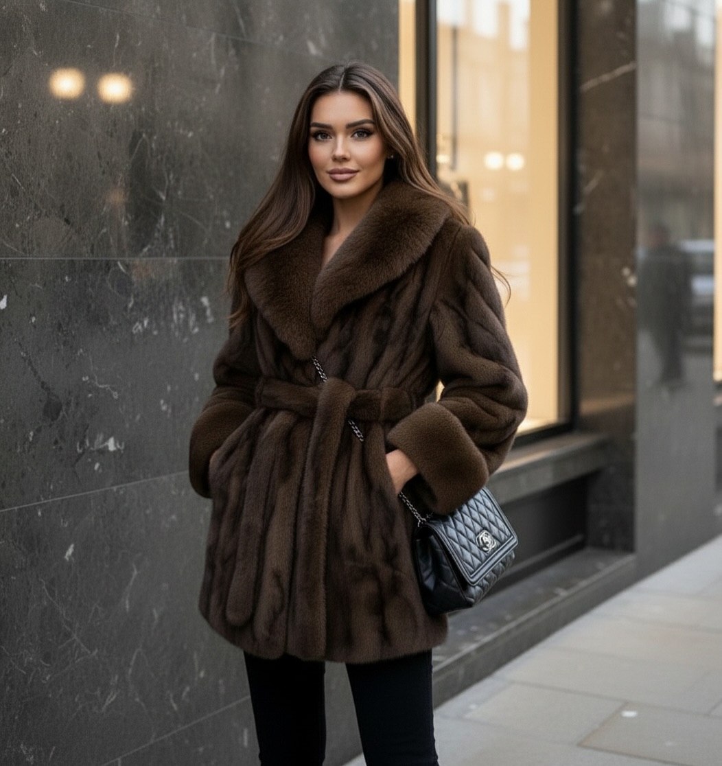 Rich Faux Fur Coat With Sleek Black Trousers