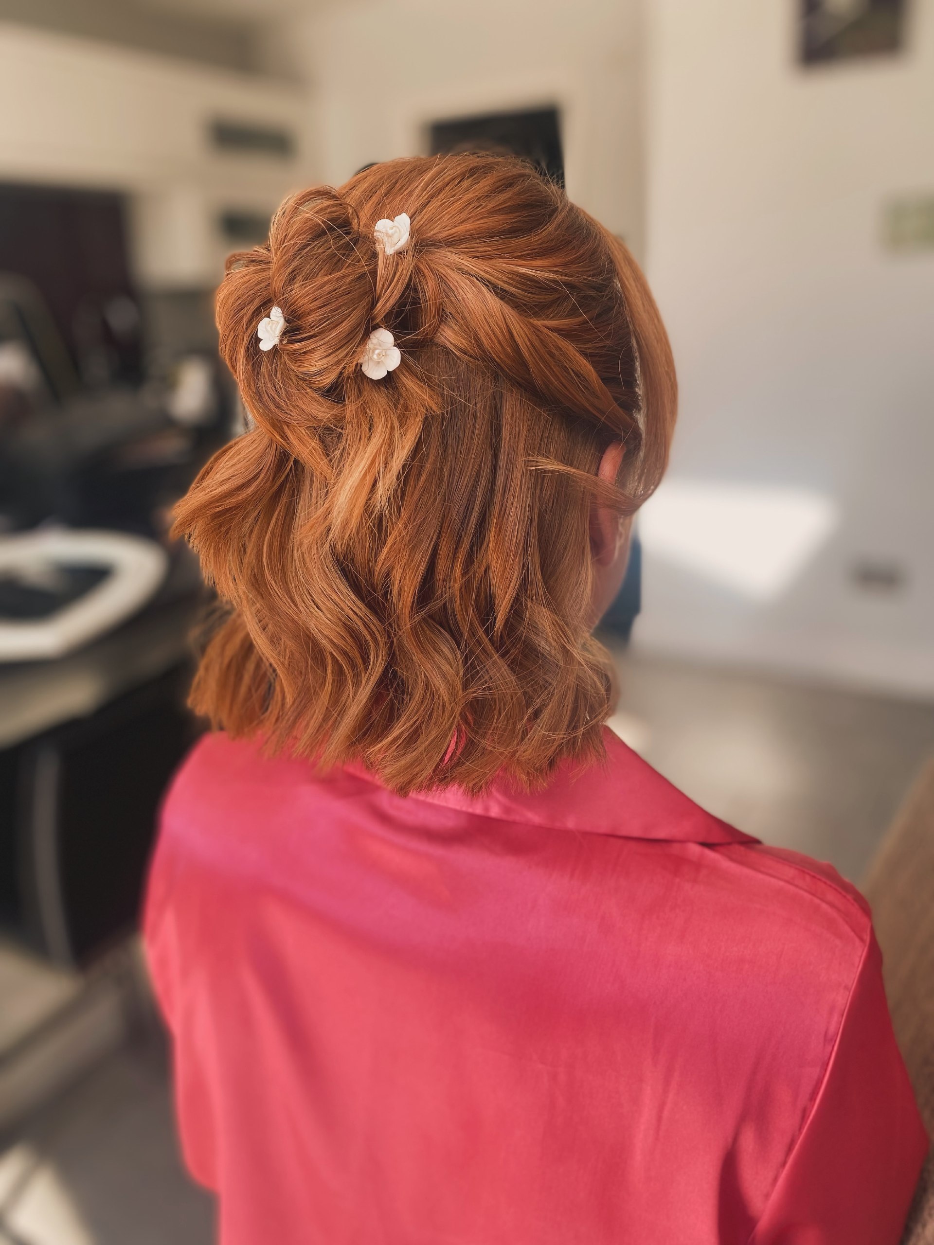 Romantic Auburn Waves With Floral Accents
