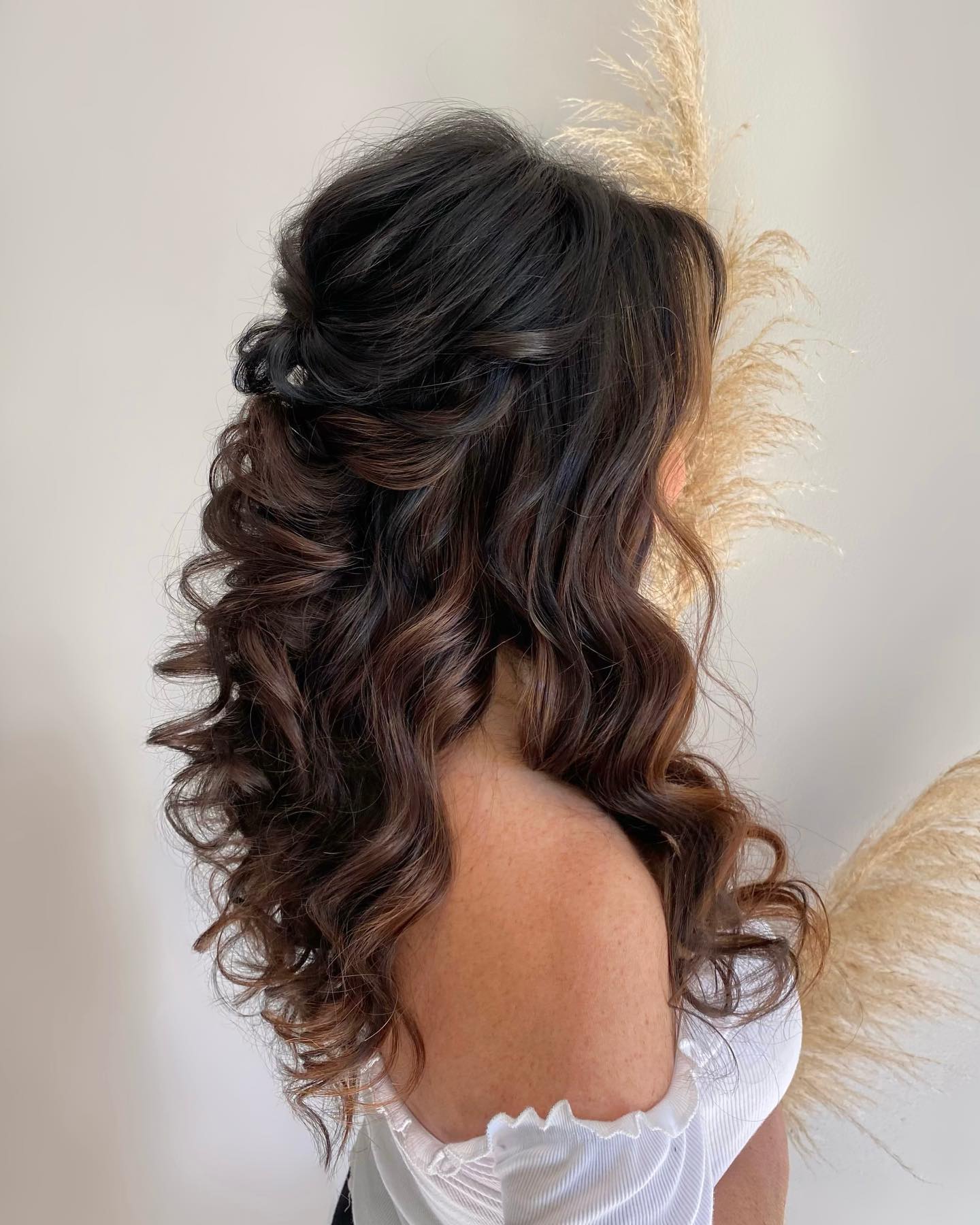 Romantic Half Up Curls With Chocolate Balayage