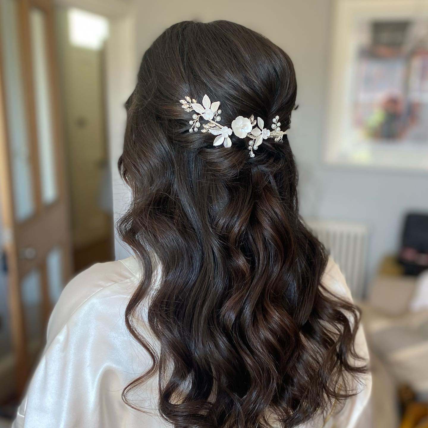 Romantic Half-Up Waves With Floral Hairpiece