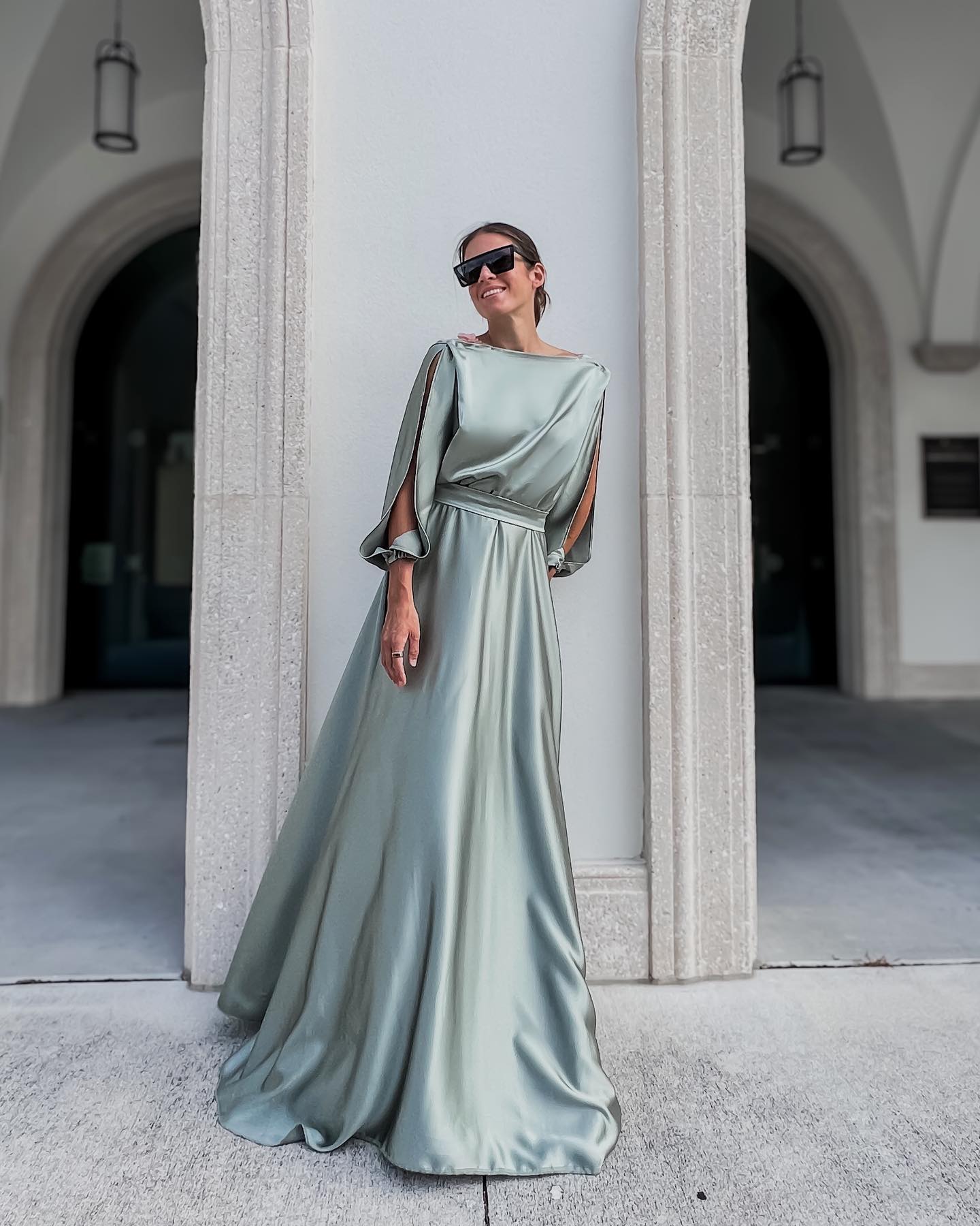Sage Green Satin Split Sleeve Maxi Dress Elegance