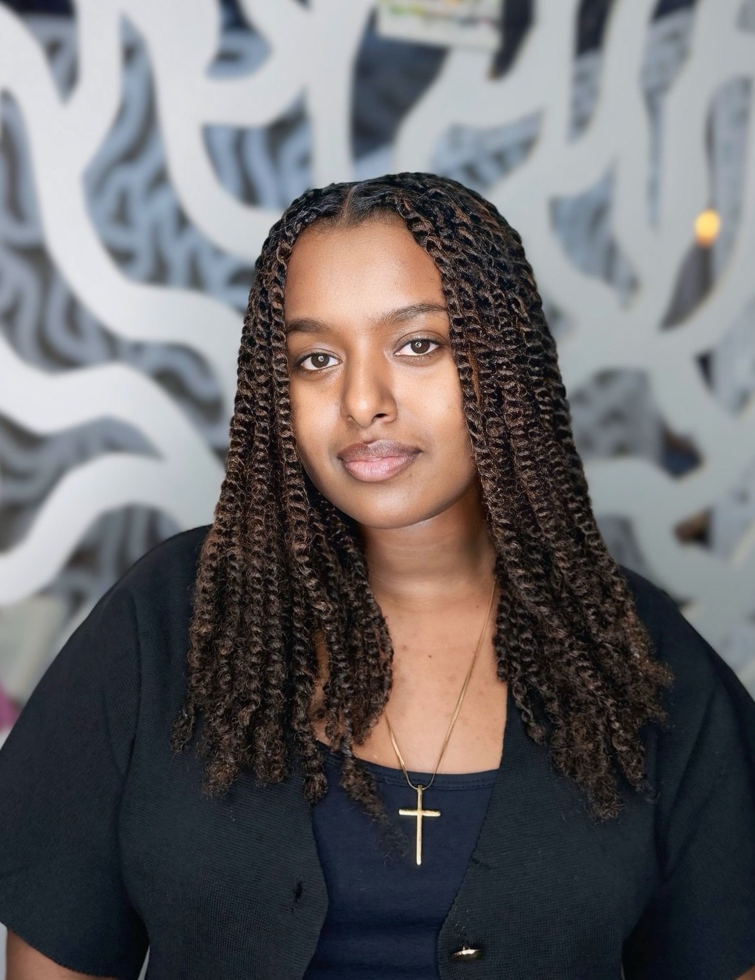 Shoulder Length Kinky Twists With Auburn Highlights