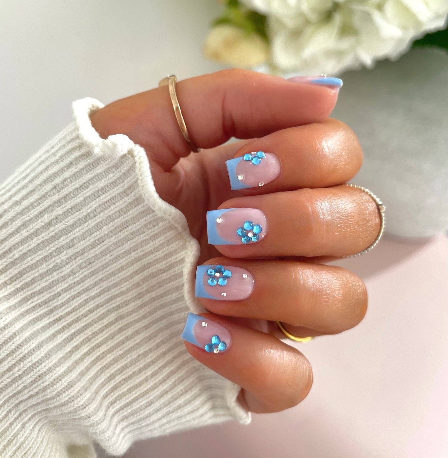 Sky Blue Floral French Tip Rhinestone Nails