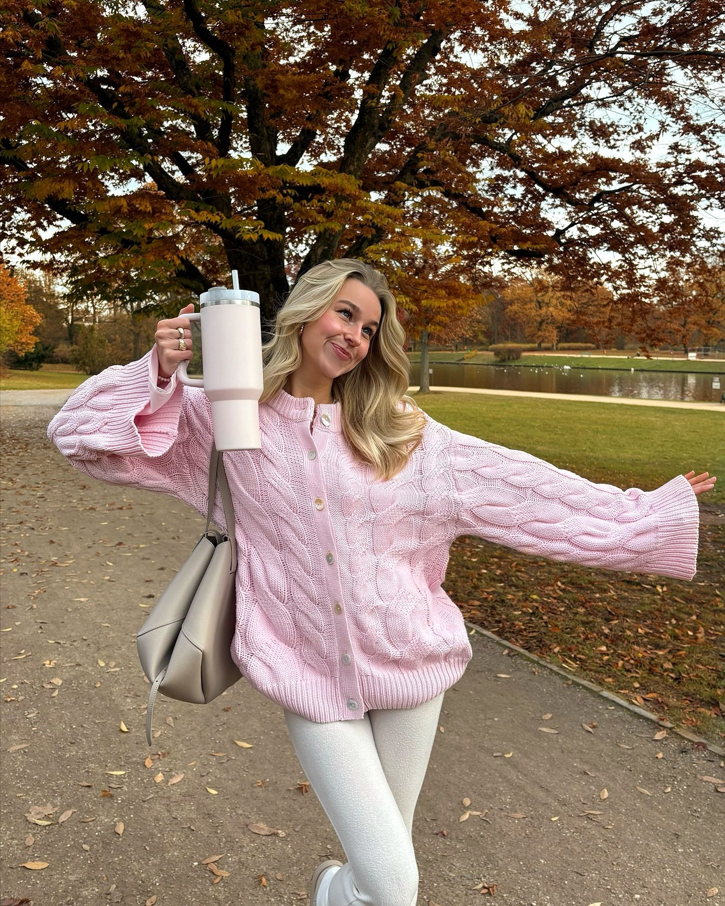 Soft Pink Cable Knit Cardigan Fall Park Stroll