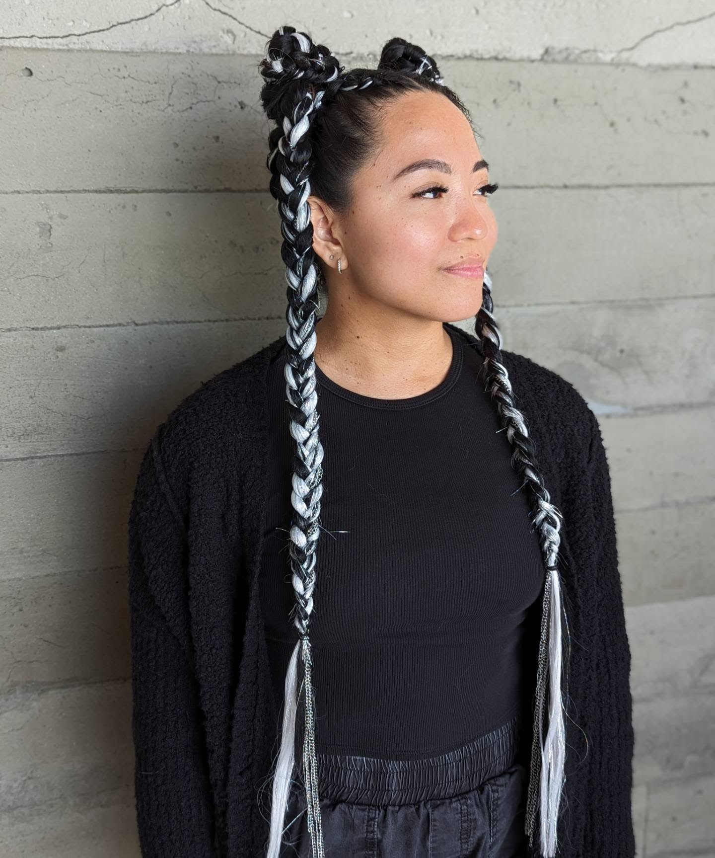 Space Buns With Metallic Tinsel Braids
