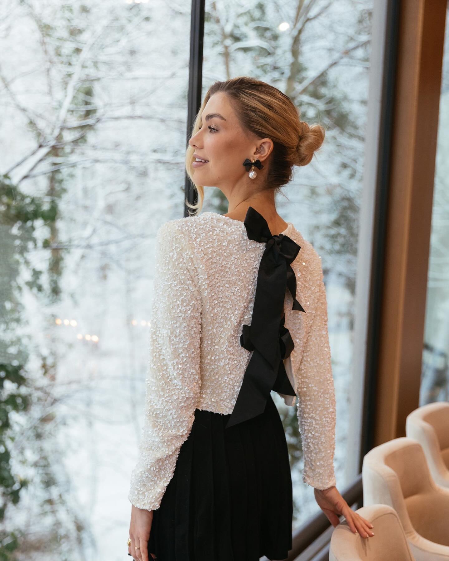 Sparkle Sequin Top With Black Bow Detail