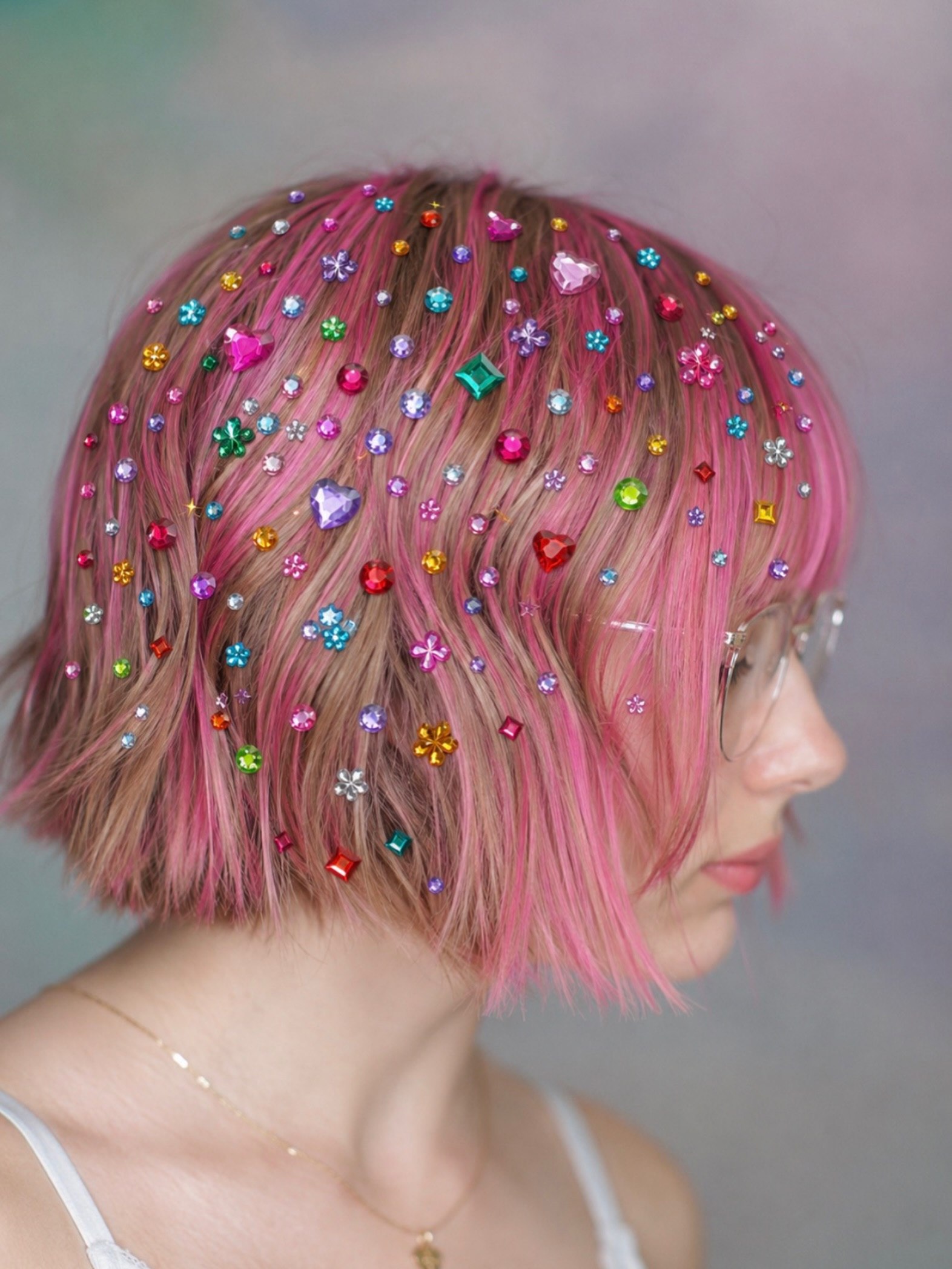 Sparkling Gemstone Accents On Pink Streaked Bob