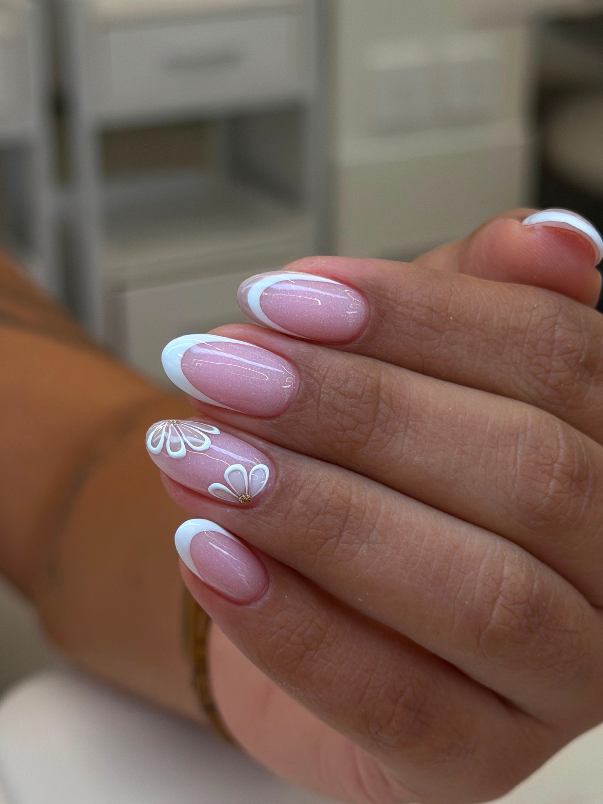 Sparkly French Manicure with Delicate Flower Art