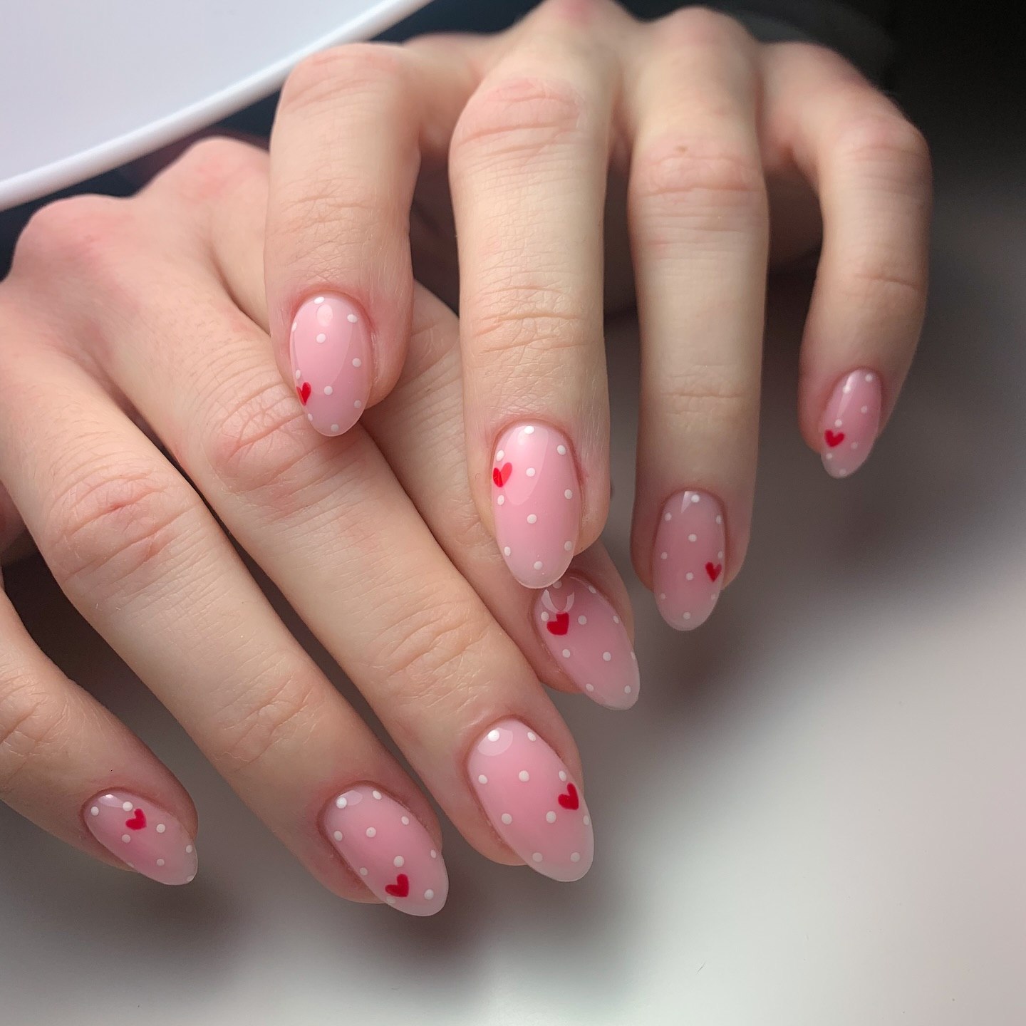 Sweet Pink Polka Dot & Heart Oval Nails