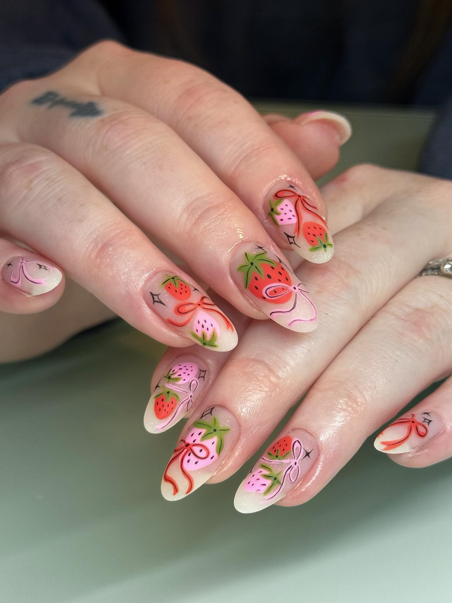 Sweet Strawberry Bow Almond Nails