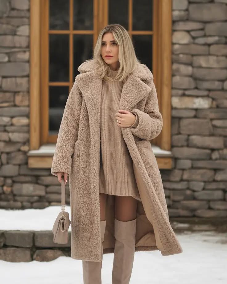 Teddy Coat Over Knit Dress And Boots