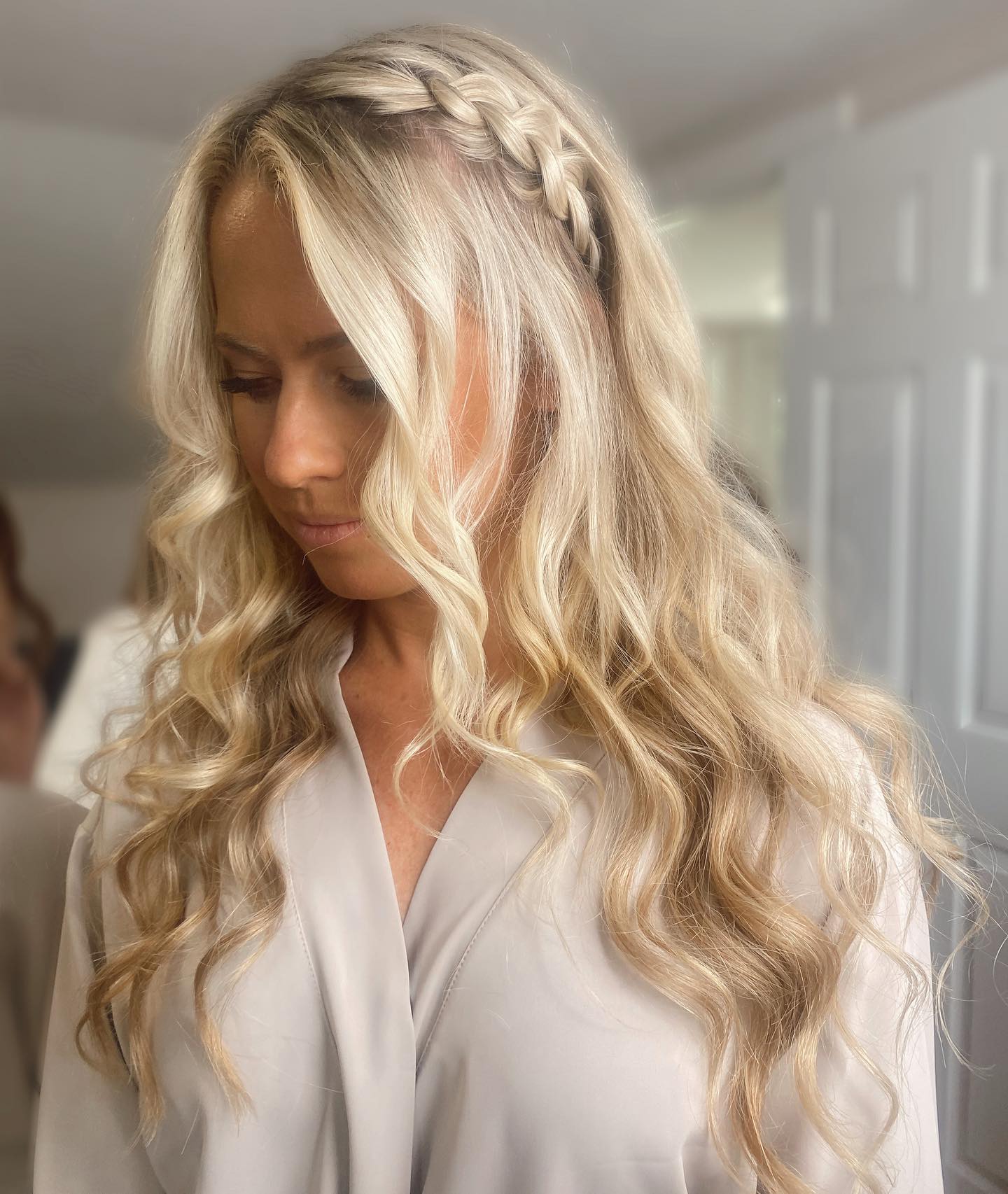 Textured Blonde Waves With Crown Braid Detail