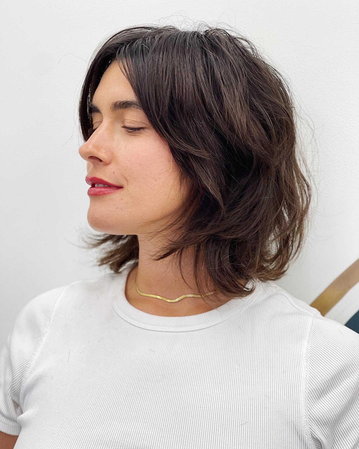 Textured Mid Length Shag With Soft Curtain Bangs