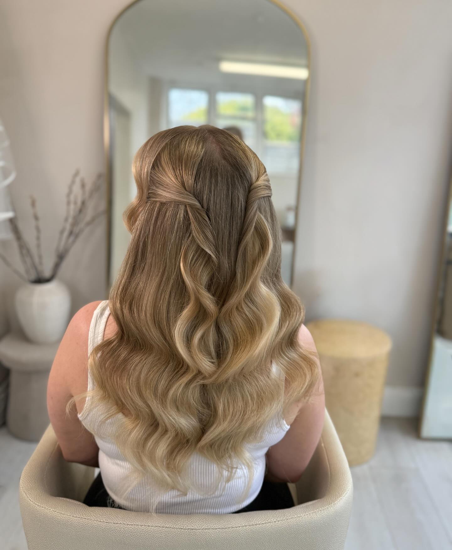 Twisted Half Up Glam Waves For Long Hair