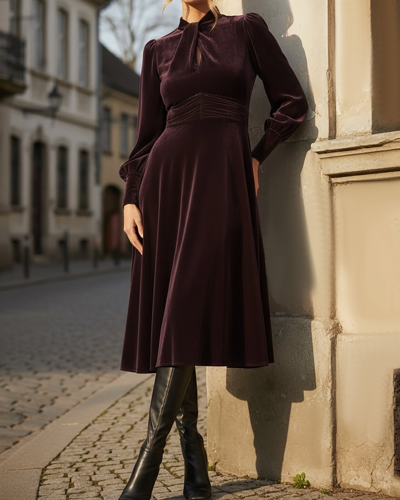 Velvet Midi Dress With Knee-High Boots