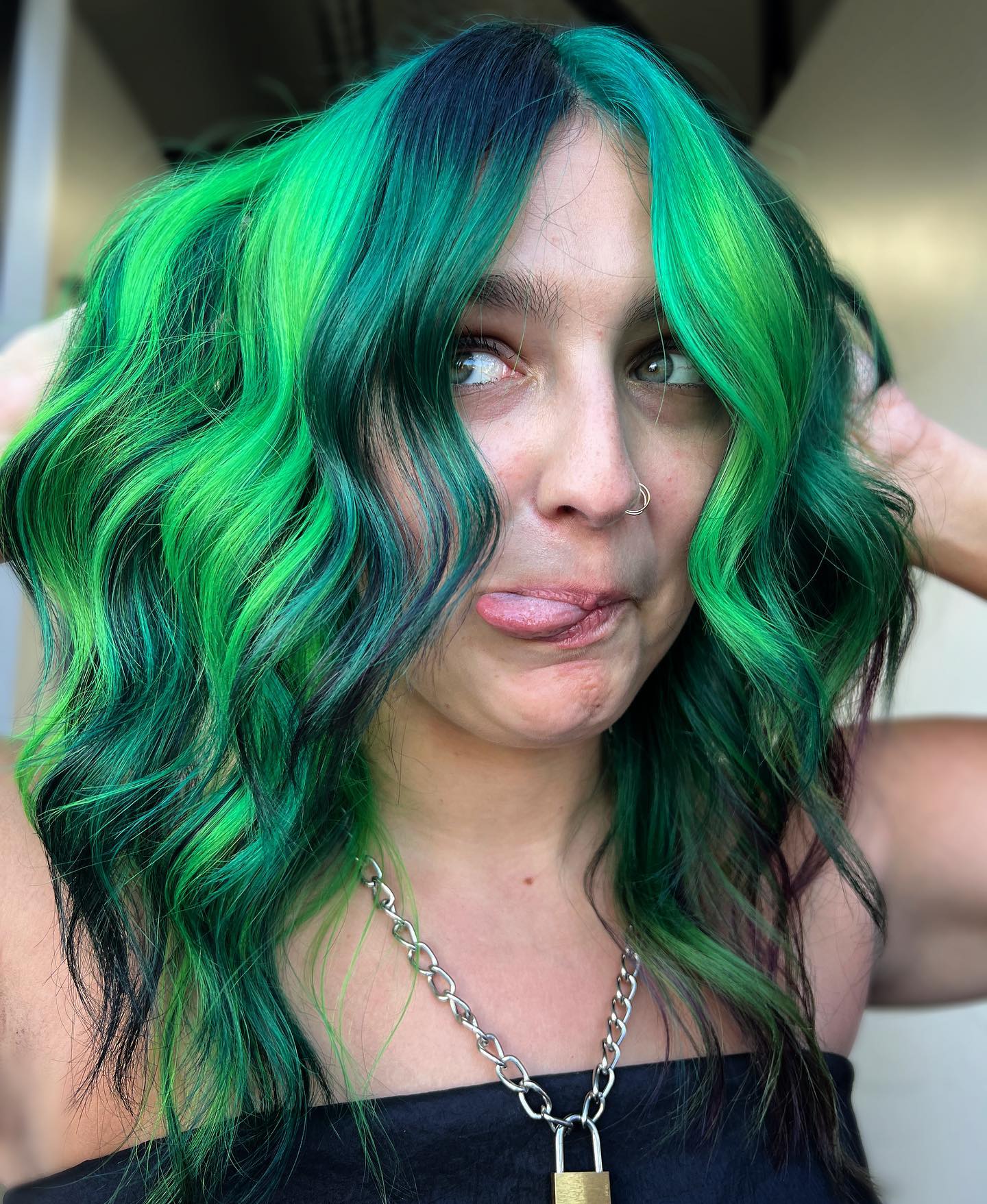 Vibrant Electric Green Waves With Dark Shadow Roots