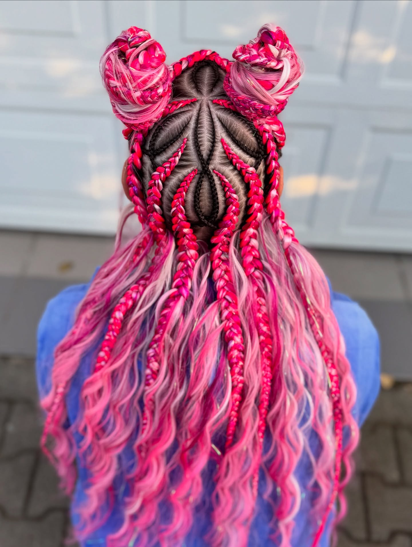 Vibrant Pink Space Buns With Braided Crown
