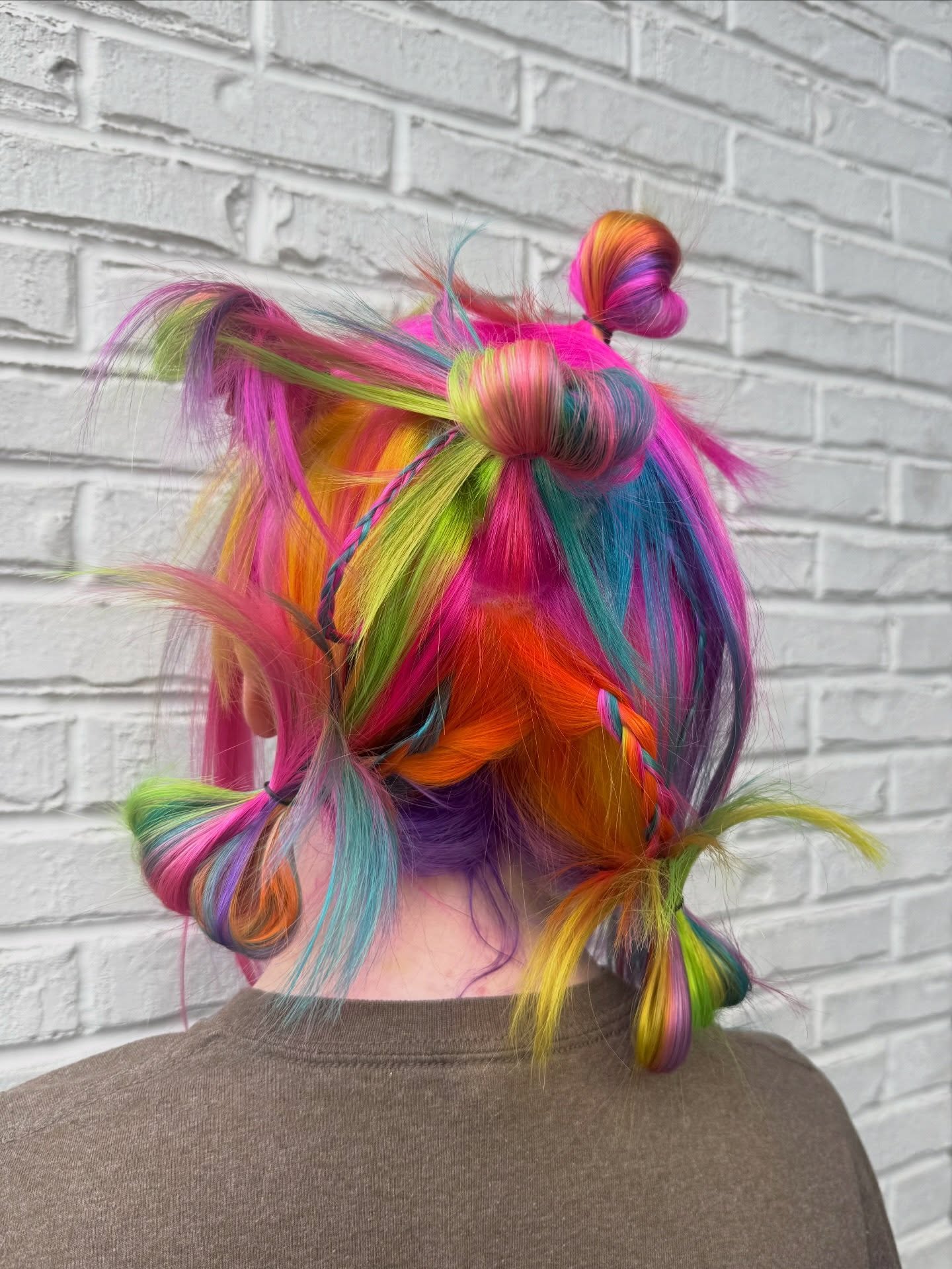 Vibrant Rainbow Double Bun With Braided Accents