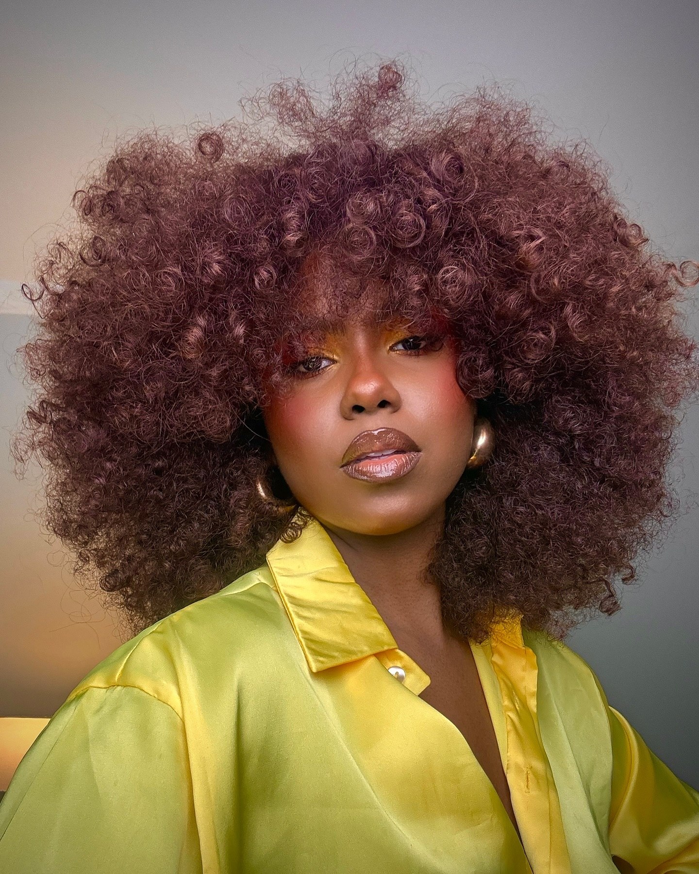 Voluminous Curly Afro With Burgundy Undertones
