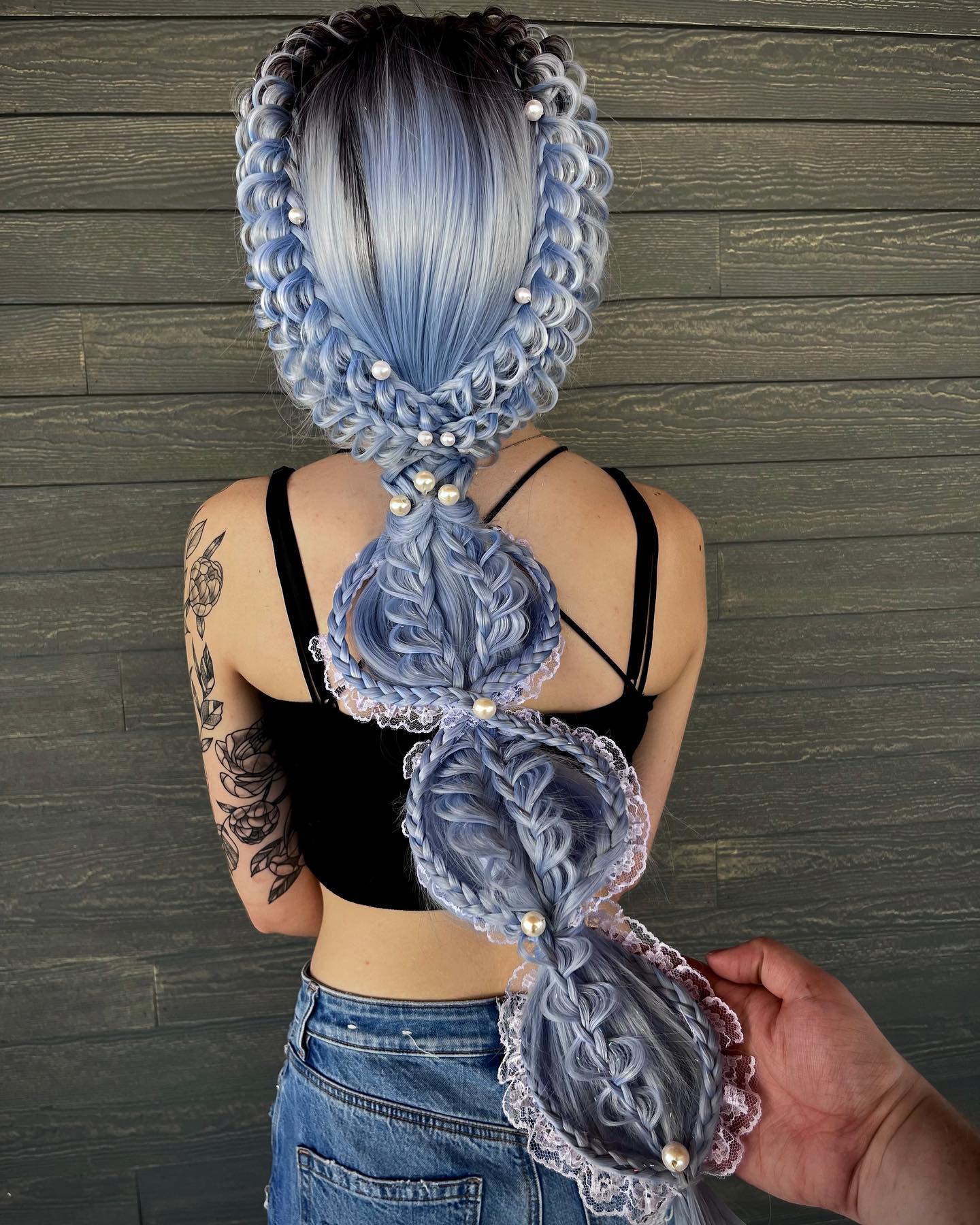Whimsical Blue Braided Hairstyle With Pearls