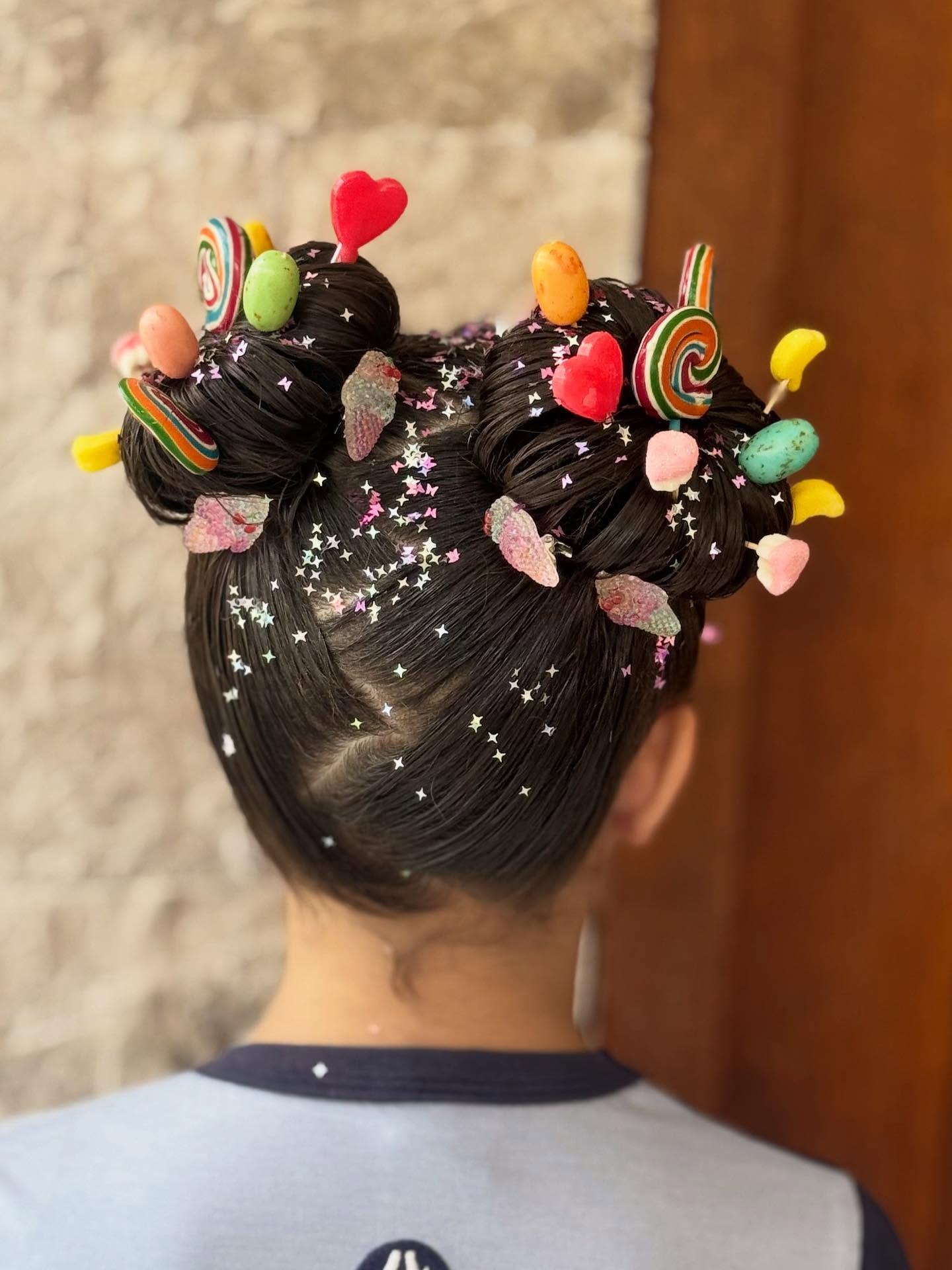 Whimsical Candy-Adorned Space Buns