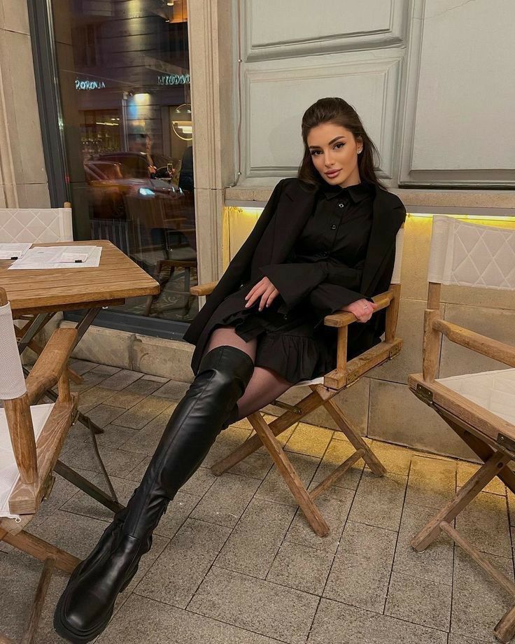 All Black Outfit With Knee High Boots And Blazer