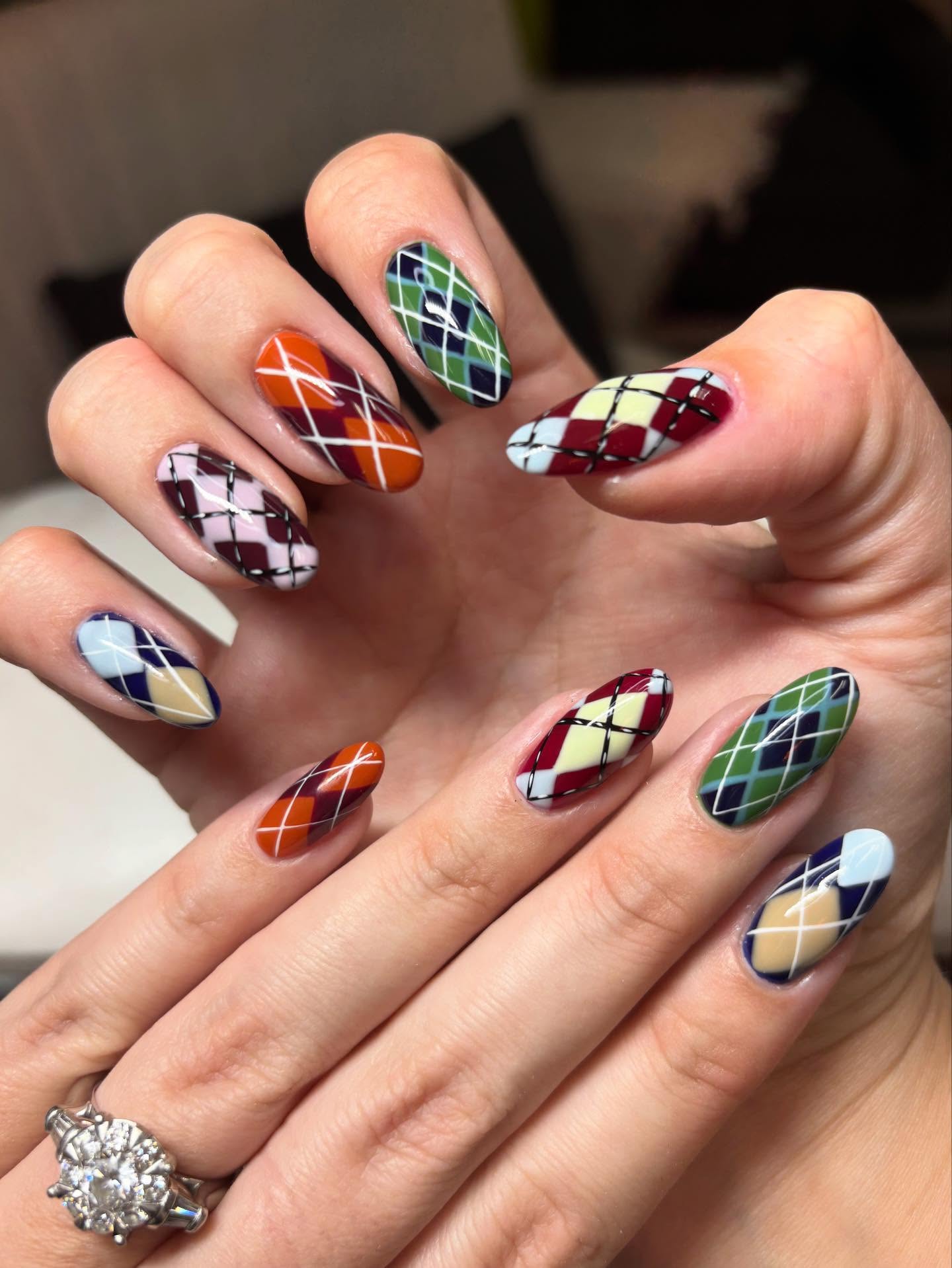 Autumn Argyle Plaid Almond Nails