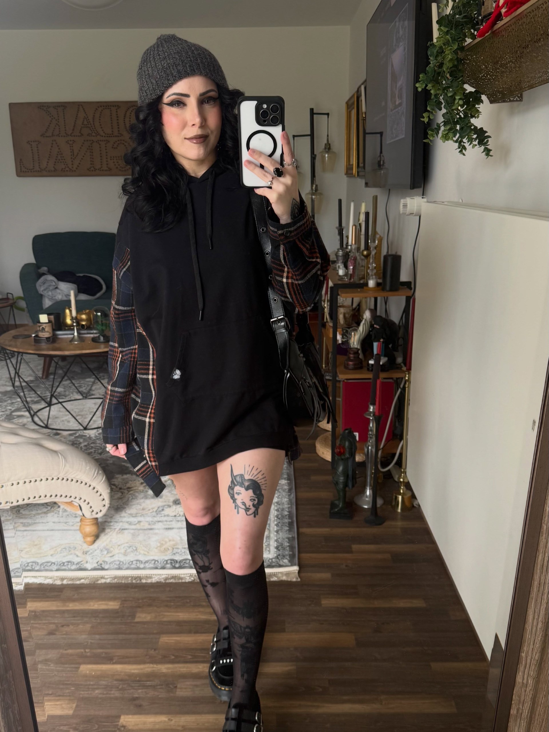 Black Hoodie With Plaid Accents And Tights