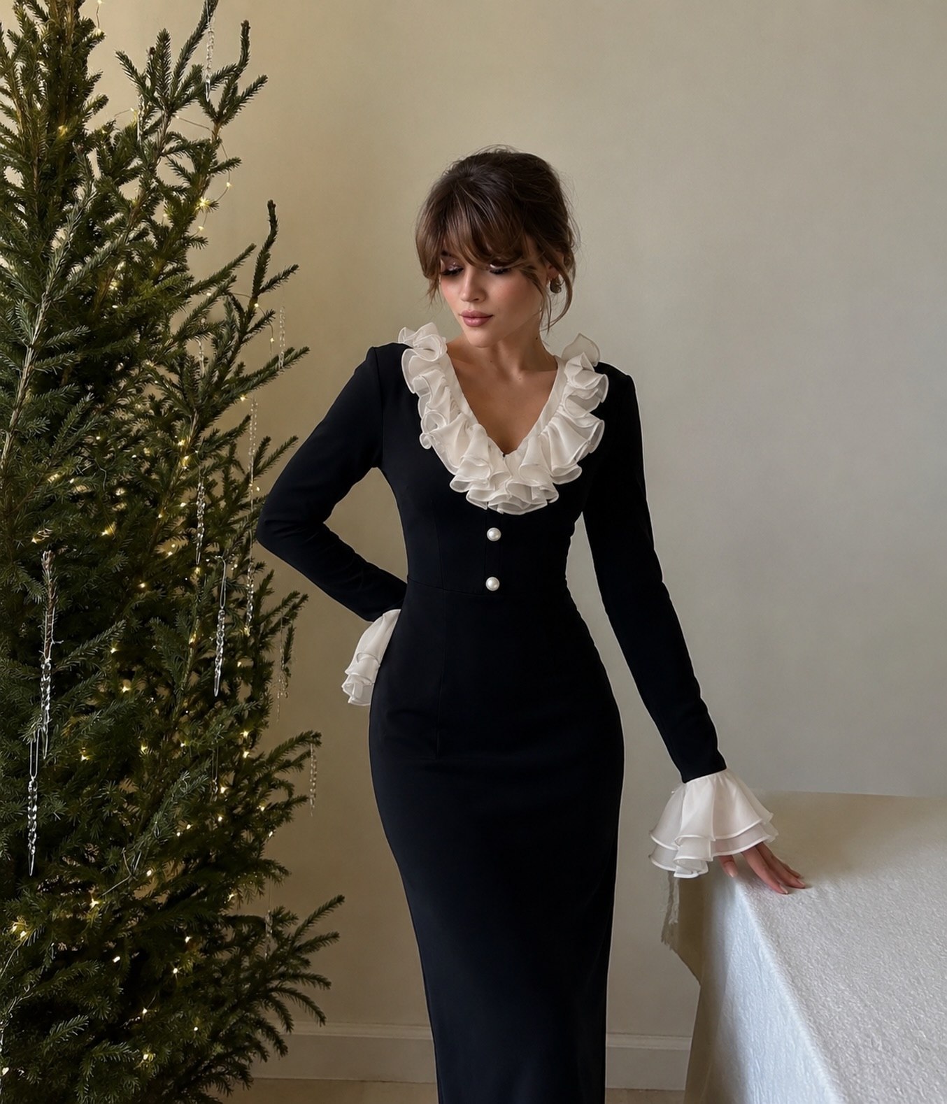 Black Ruffled Neck Formal Dress With Statement Sleeves