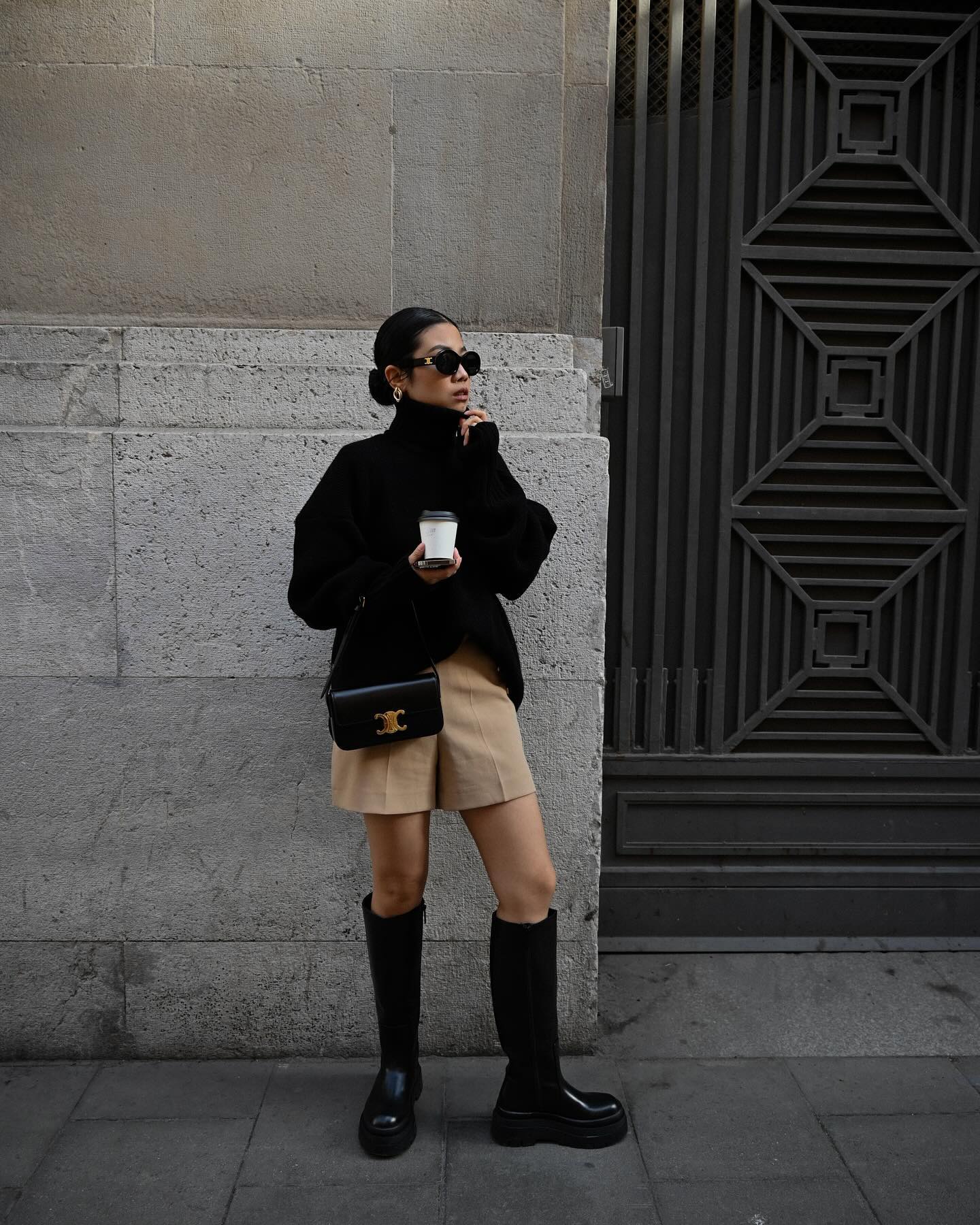 Black Turtleneck And Knee High Boots With Shorts