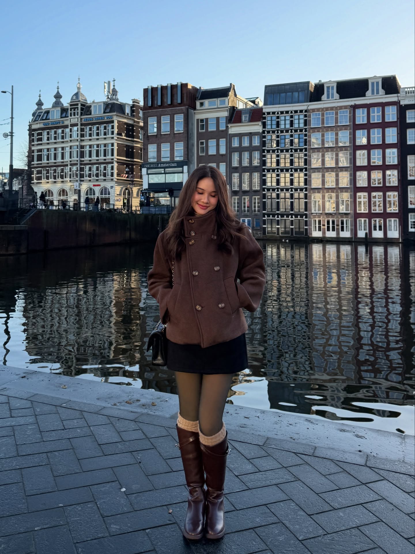 Brown Double Breasted Pea Coat With Black Mini Skirt