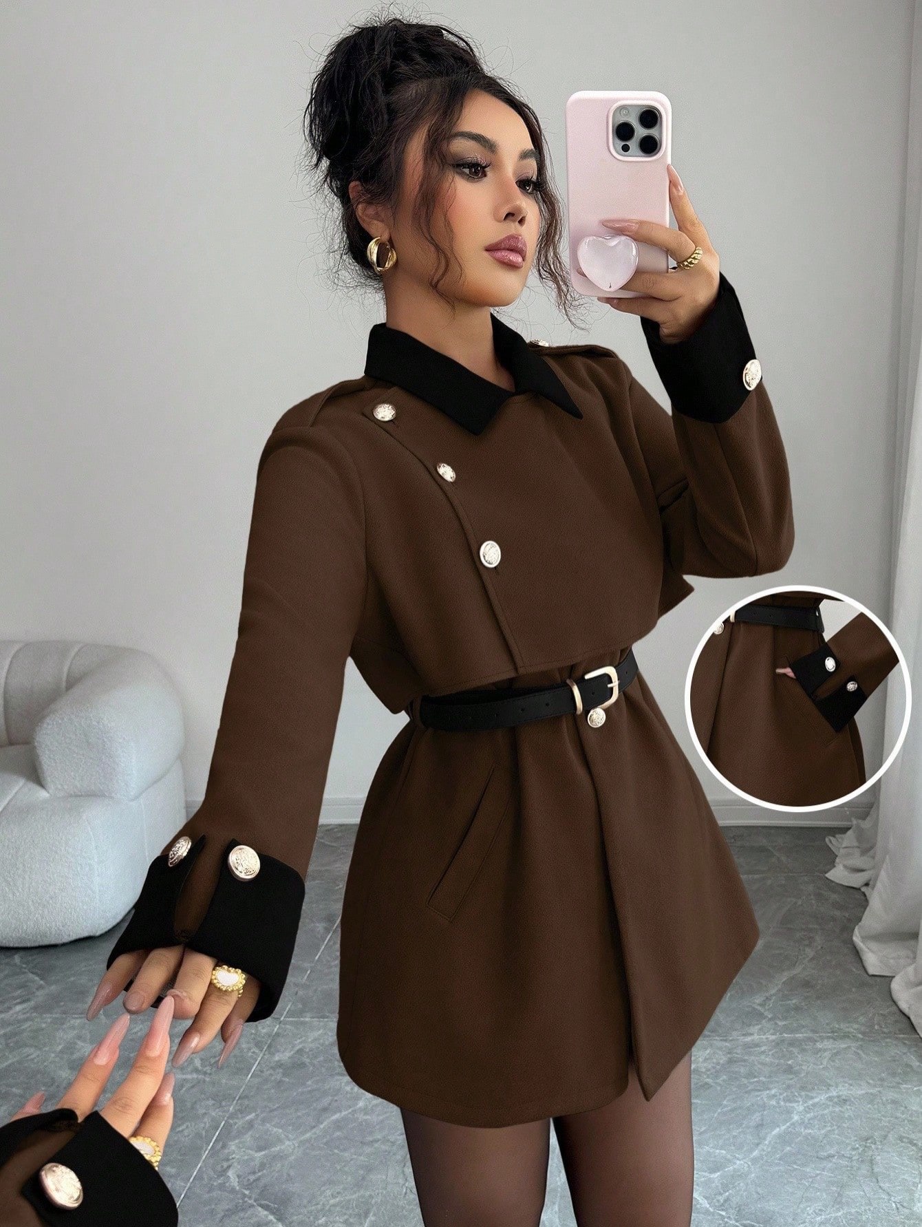 Brown Military-Inspired Blazer Dress With Black Accents