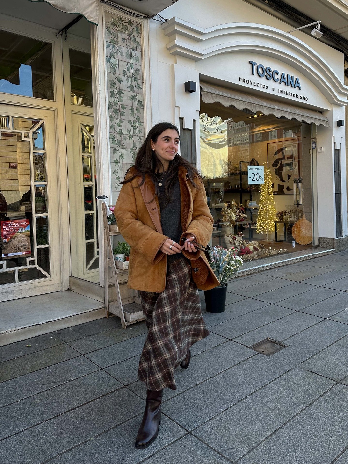 Brown Plaid Midi Skirt With Shearling Jacket