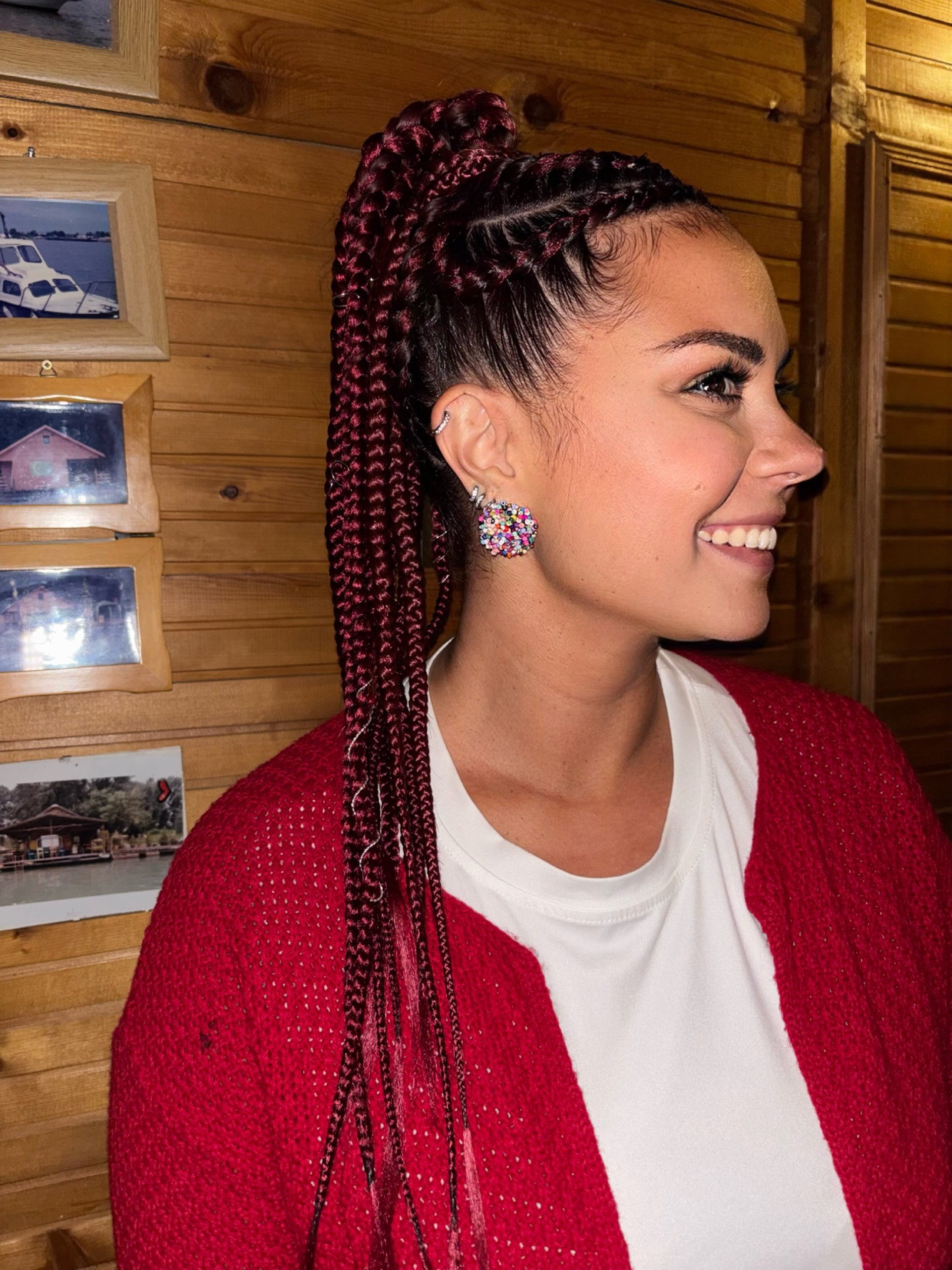 Burgundy Box Braids High Ponytail With Baby Hairs