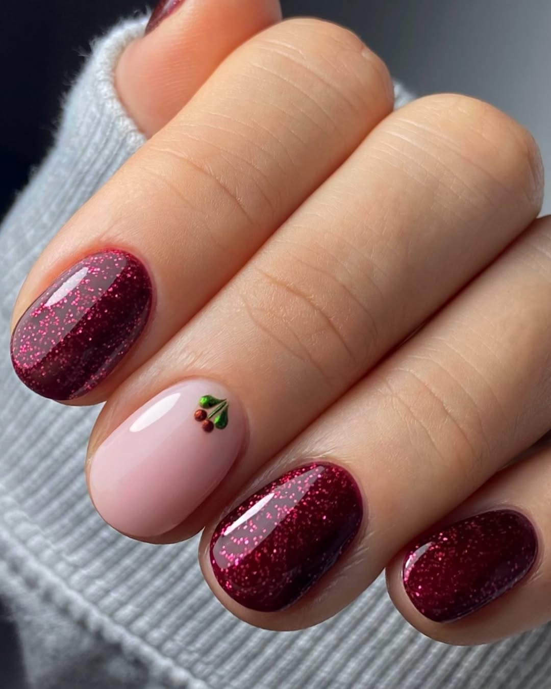 Burgundy Glitter Cherry Accent Nails