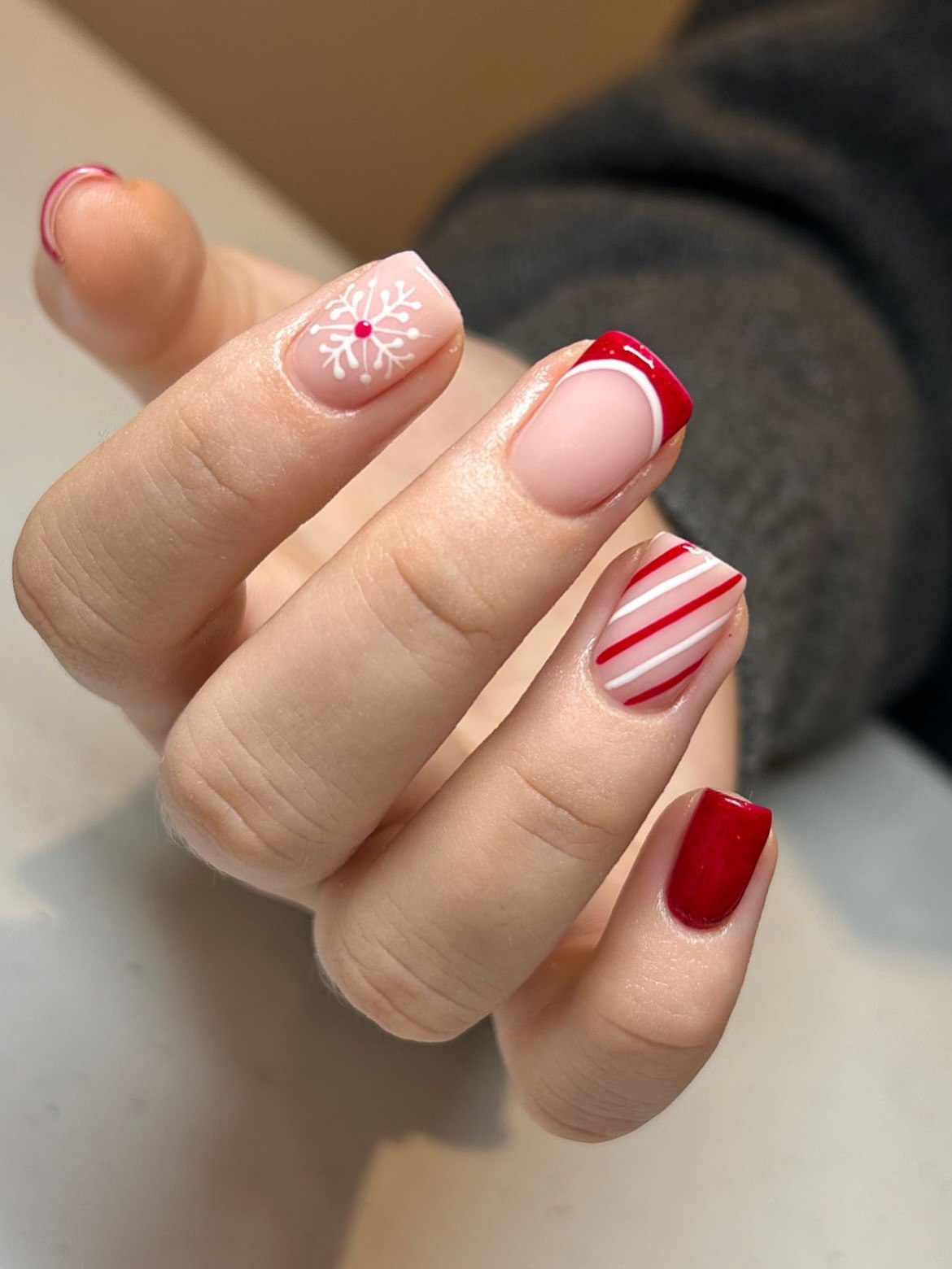 Candy Cane French Tip Snowflake Nails