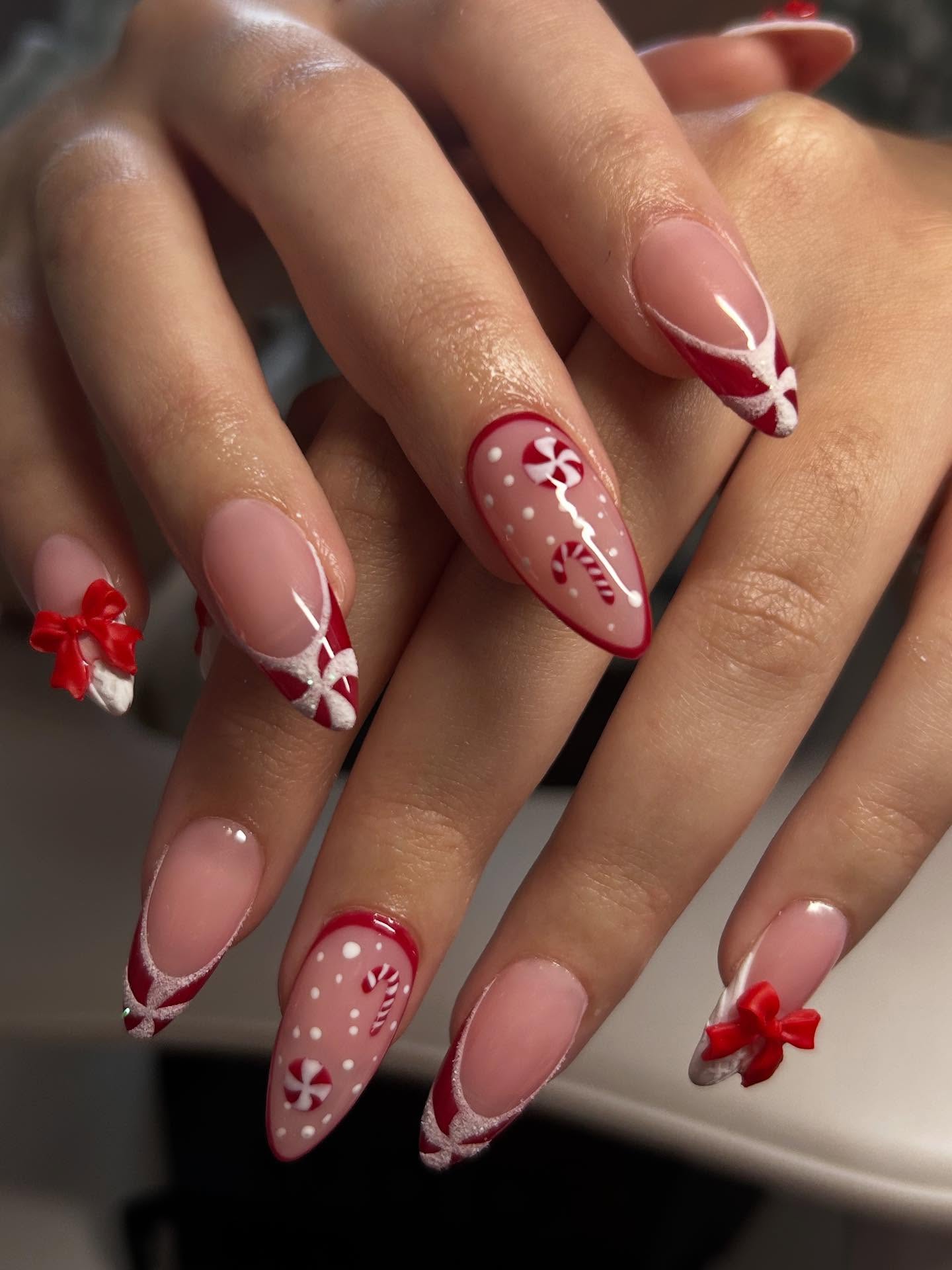 Candy Cane French Tips with 3D Bows