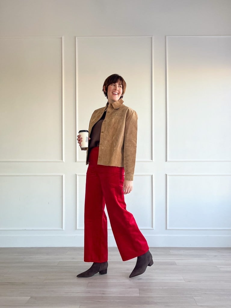 Brown suede jacket with red corduroy trousers — Casual Winter Outfits