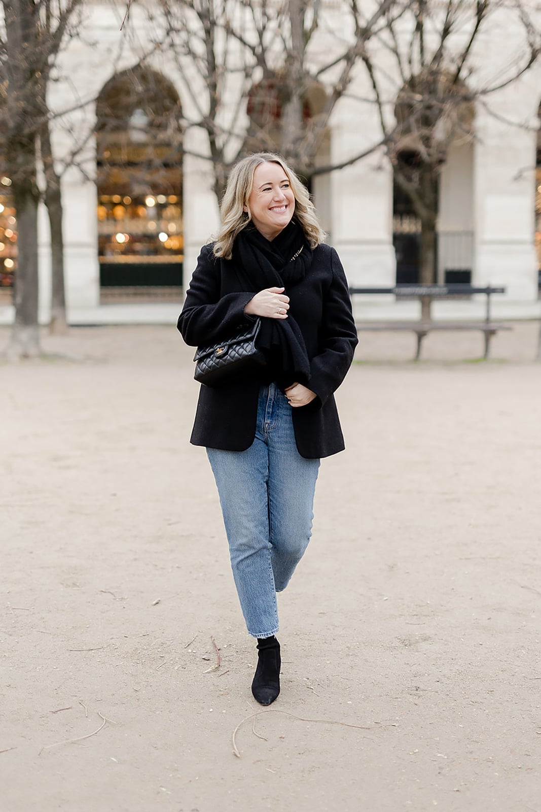 Black wool blazer with blue jeans and black scarf — Casual Winter Outfits