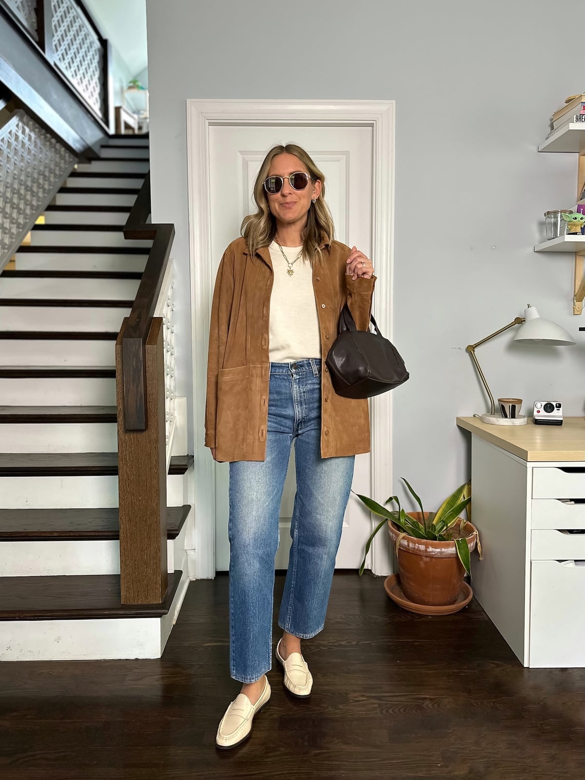 Brown suede jacket with cream sweater and blue jeans — Casual Winter Outfits