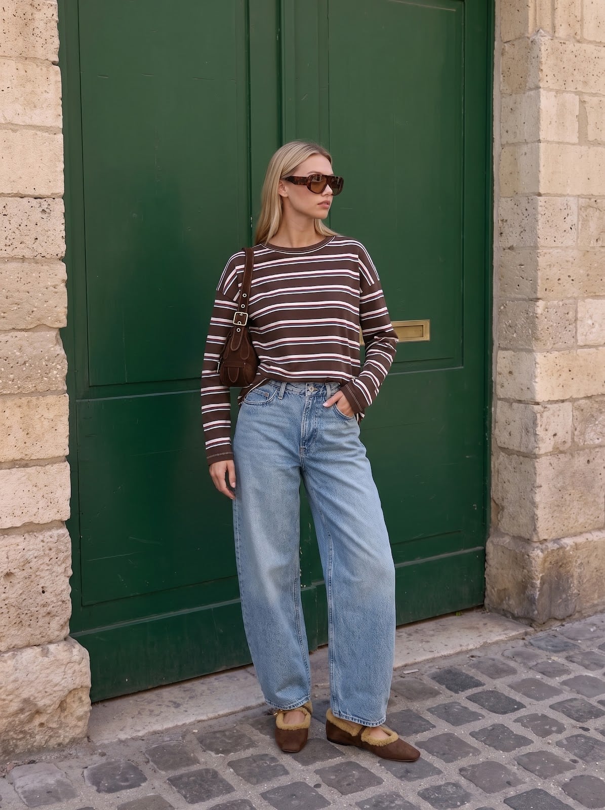 Striped top with light blue wide-leg jeans and tan mules — Casual Winter Outfits
