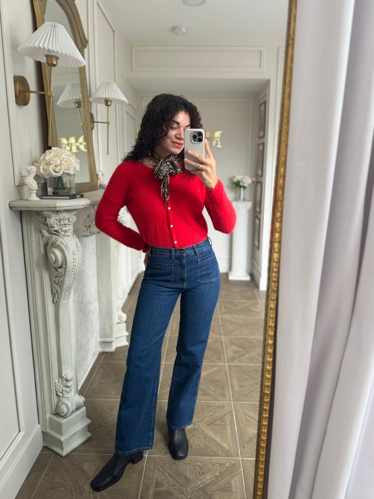 Red fuzzy cardigan with dark wide-leg jeans and leopard scarf — Casual Winter Outfits