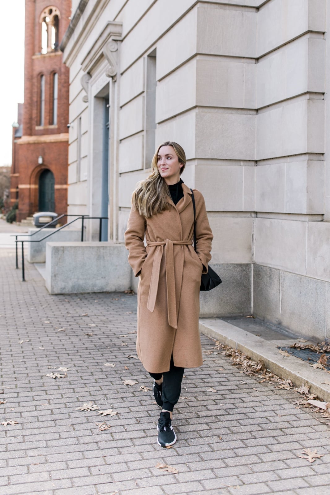 Belted camel coat with gray knit pants, Office-Safe Version — Casual Winter Outfits