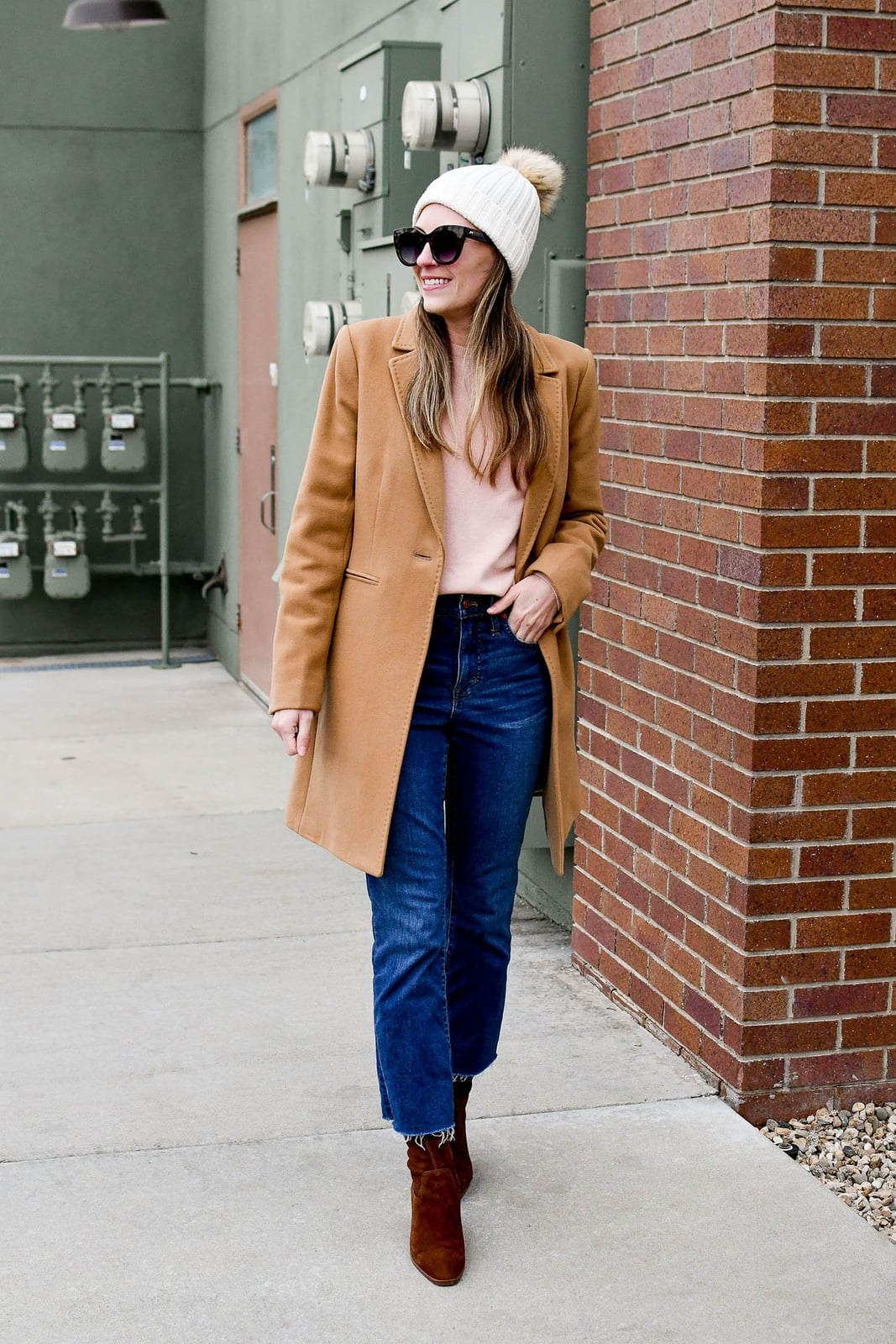 Camel wool coat with pink sweater, Office-Safe Version — Casual Winter Outfits