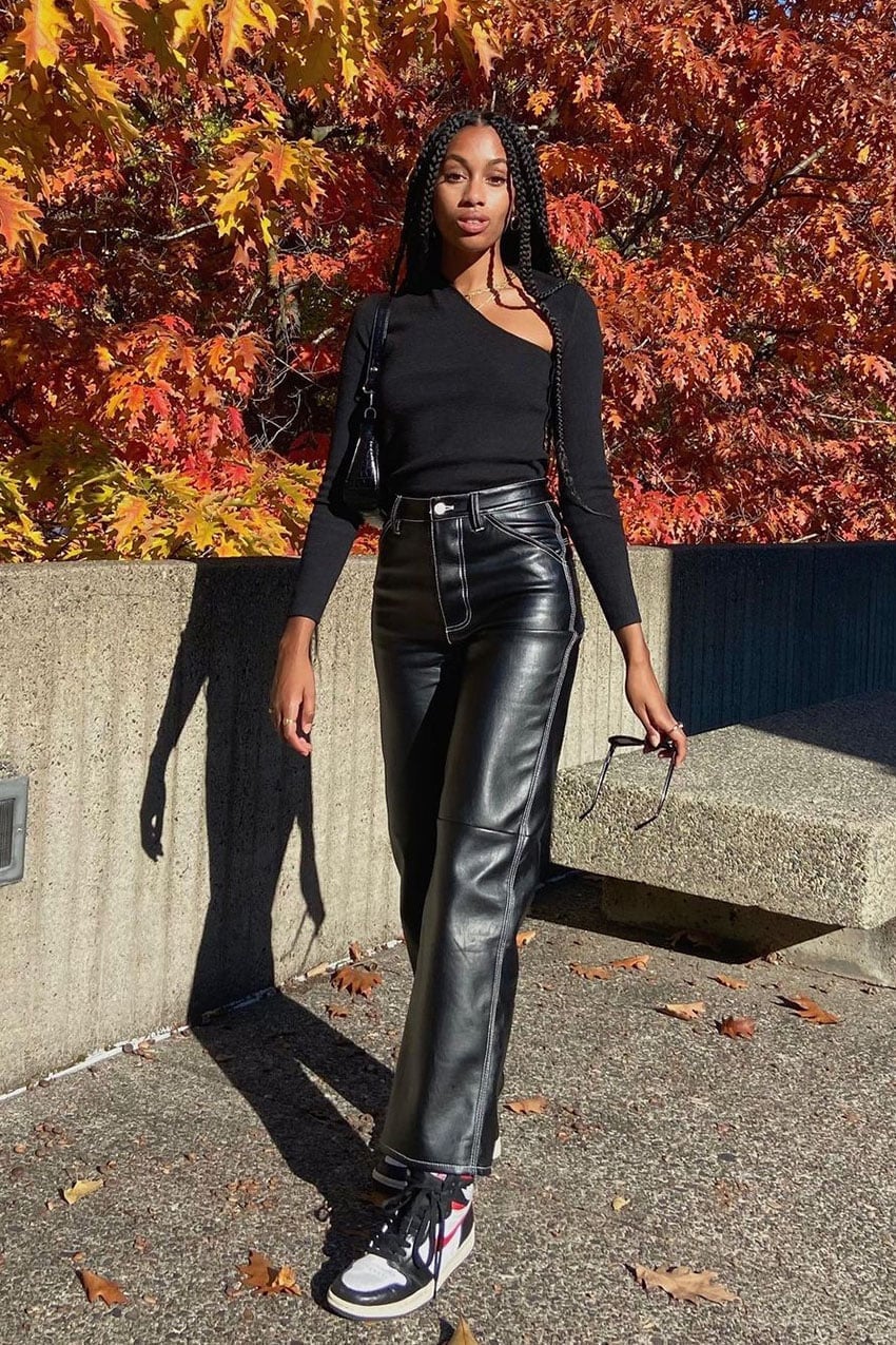 One-shoulder top with faux leather wide-leg trousers — Casual Winter Outfits