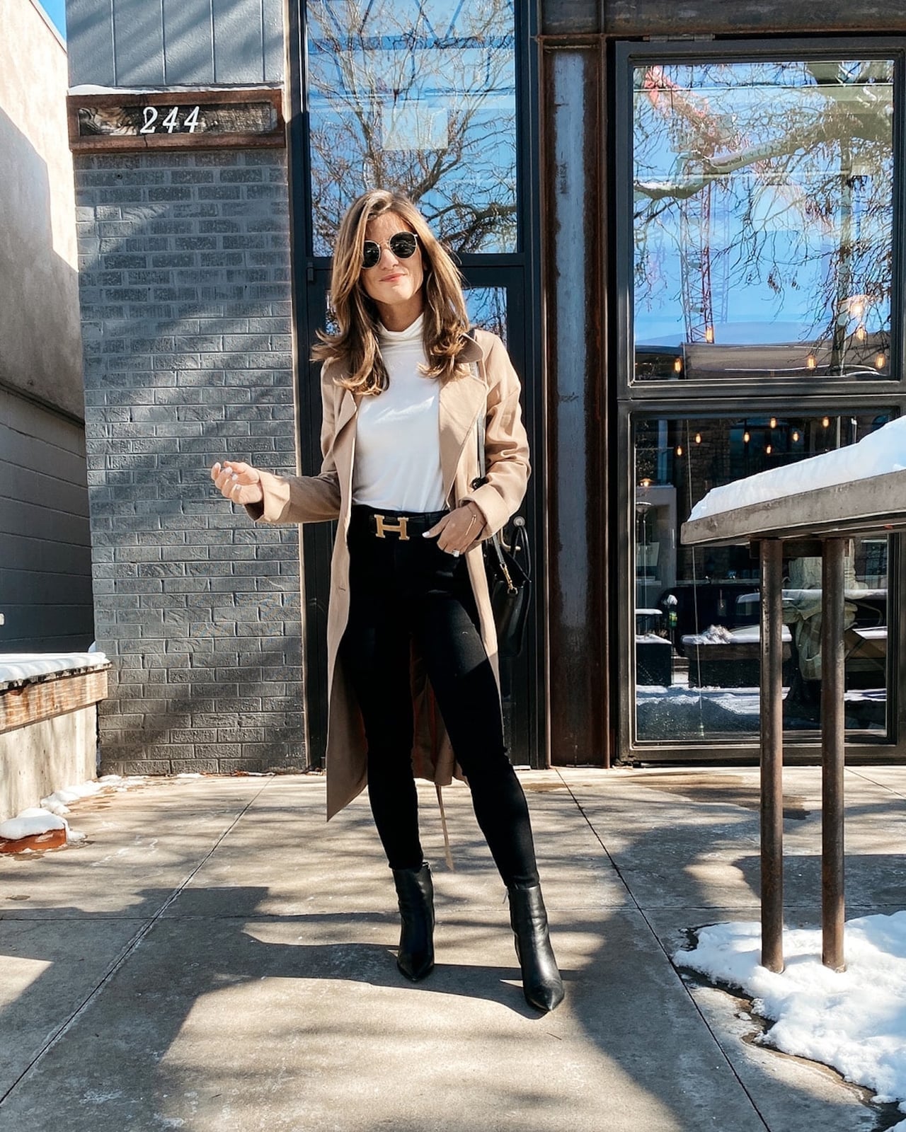 Camel trench coat with white turtleneck and black, Office-Safe Version — Casual Winter Outfits