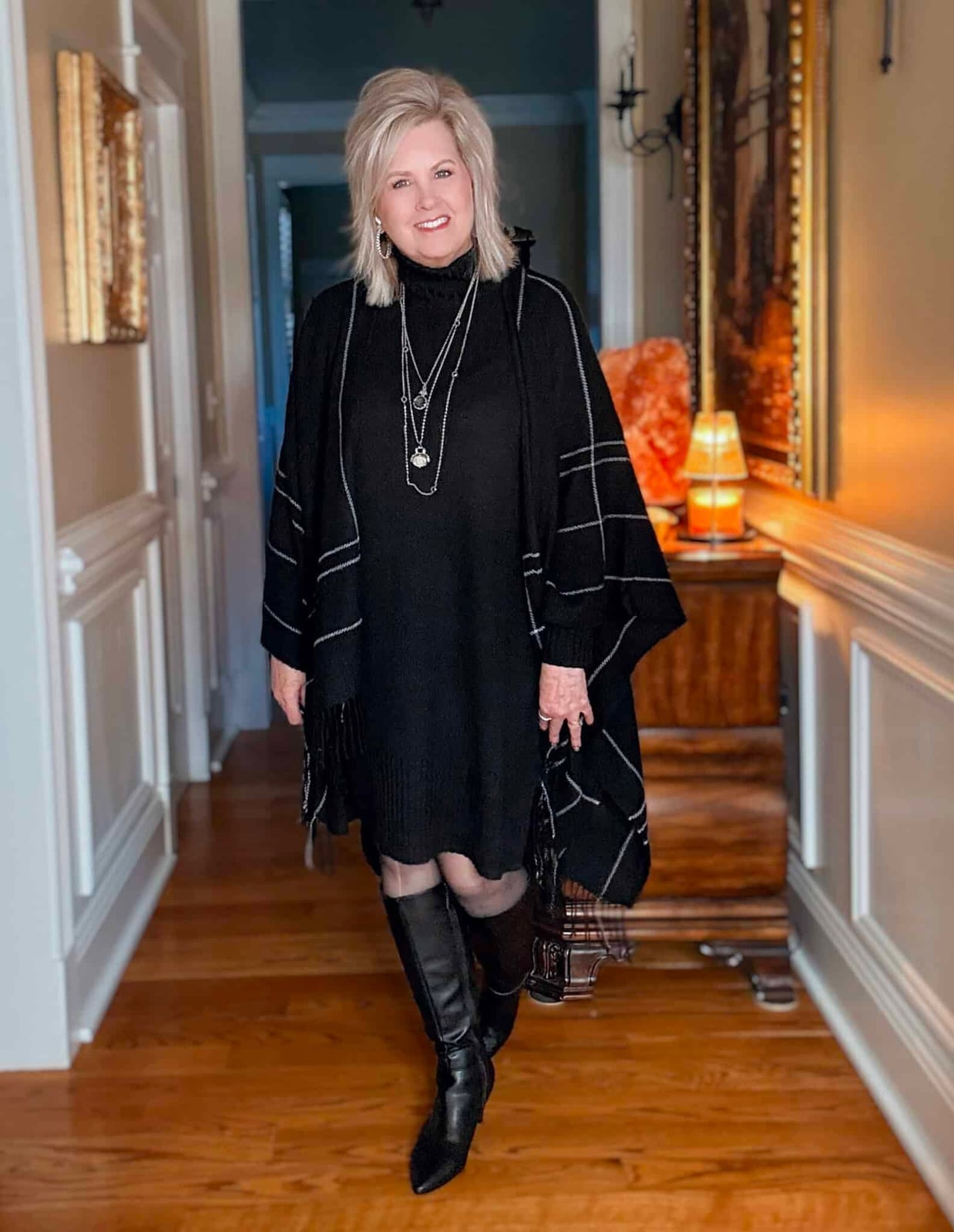Patterned poncho over black turtleneck dress, Office-Safe Version — Casual Winter Outfits