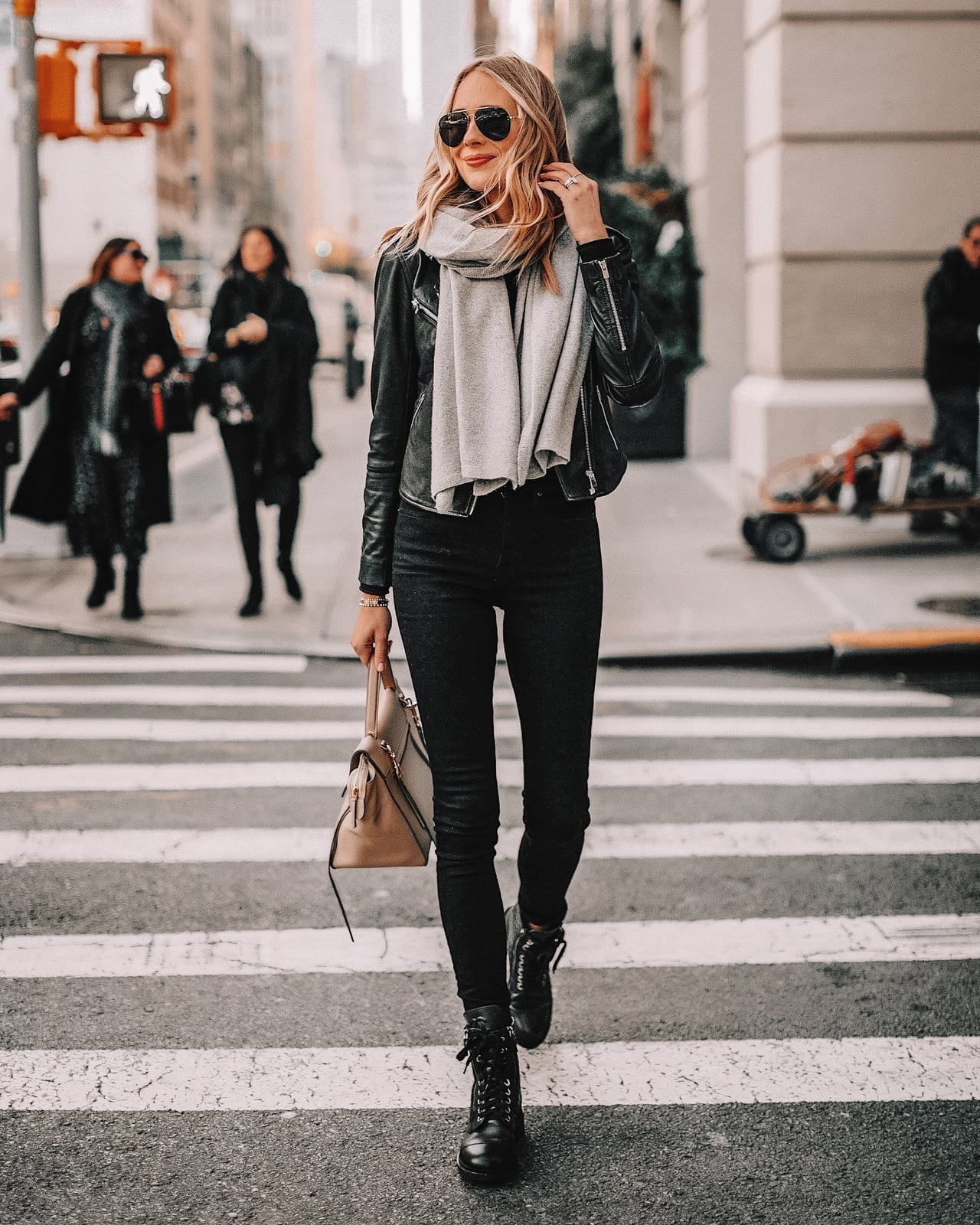Black leather jacket with gray scarf and skinny jeans — Casual Winter Outfits
